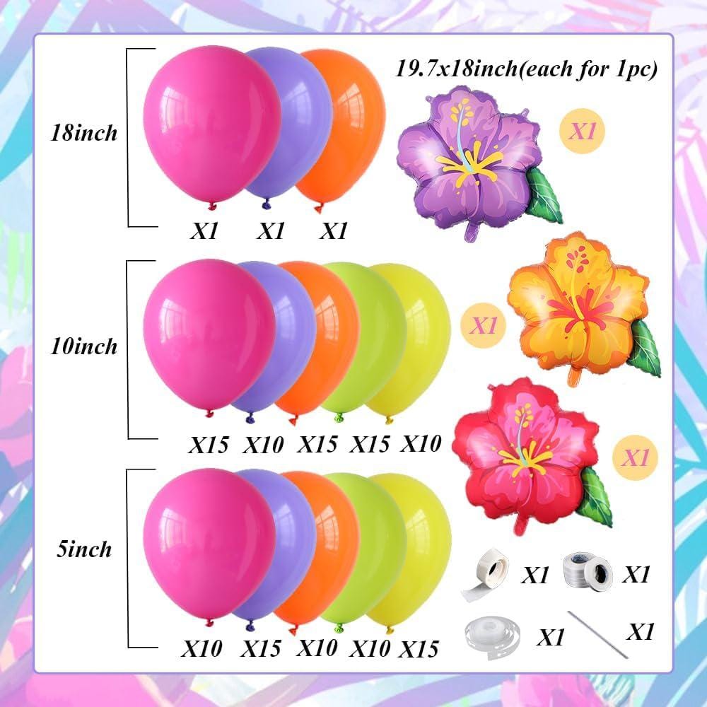 Tropical Balloon Arch | Hot Pink Purple Orange Yellow Green Hibiscus Foil Luau Party Decor