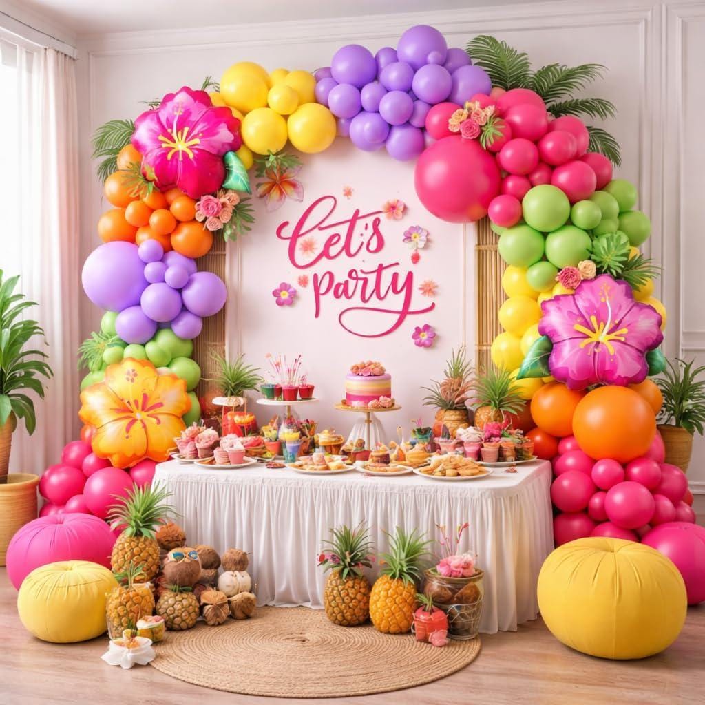 Tropical Balloon Arch | Hot Pink Purple Orange Yellow Green Hibiscus Foil Luau Party Decor