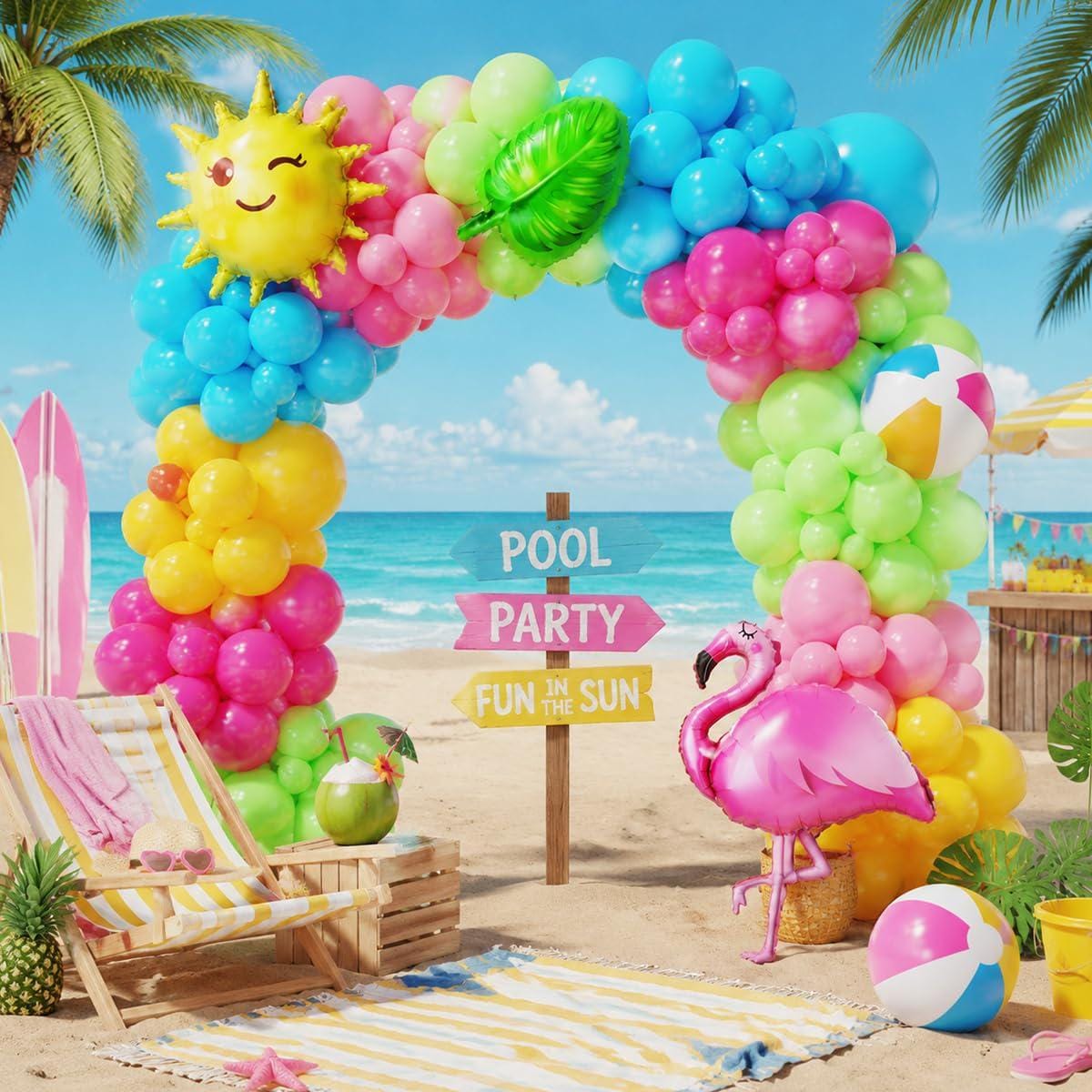 Tropical Pool Party Balloon Arch Kit | Flamingo Hawaiian Garland, Summer Birthday Decor