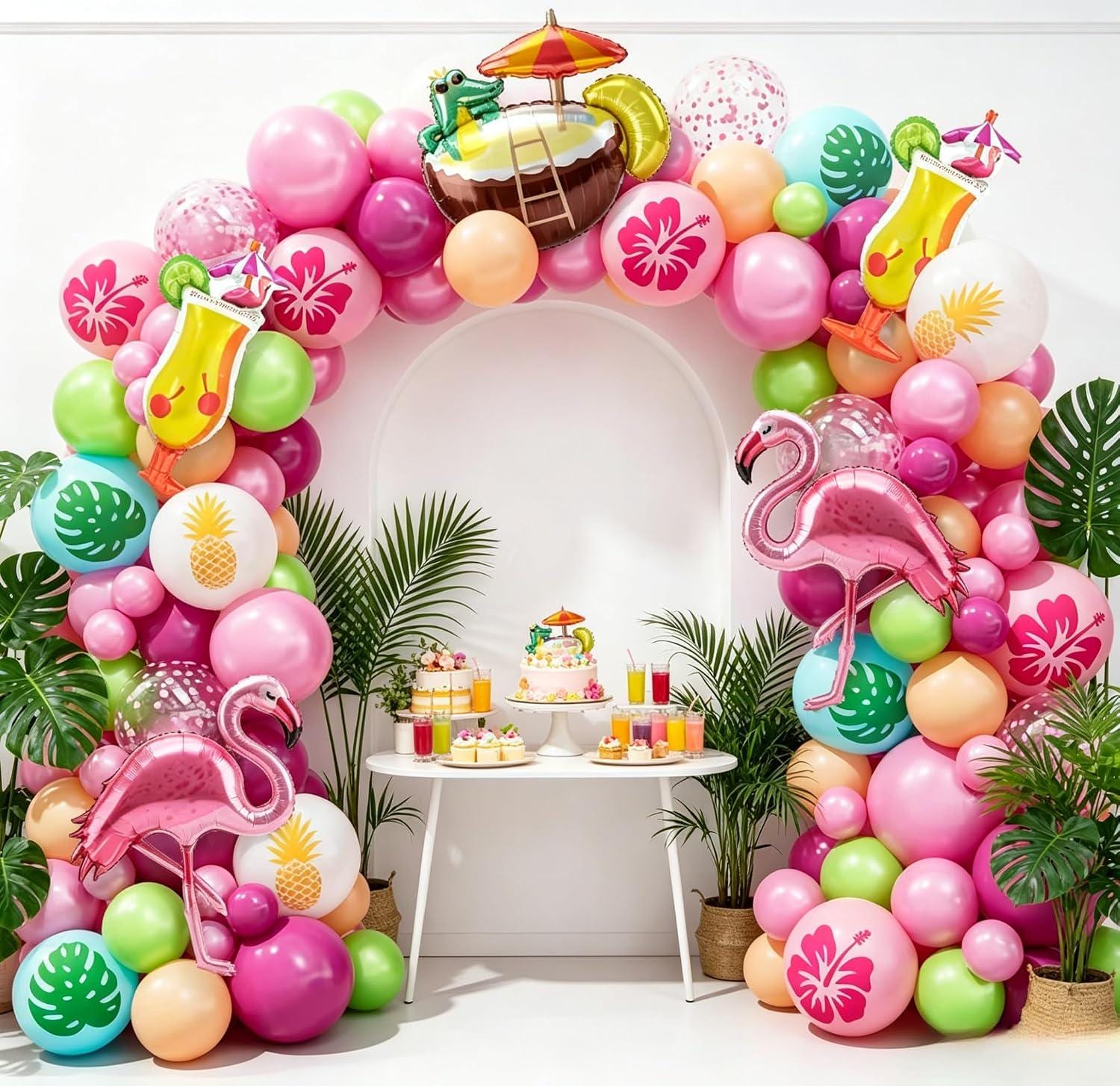 Tropical Flamingo Balloon Arch Kit | Pink Luau Garland with Cocktail, Pineapple, Leaf Balloons
