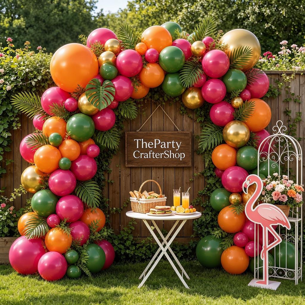 Tropical Hawaiian Balloon Arch Kit | Hot Pink, Orange, Gold, Olive Green Luau Garland
