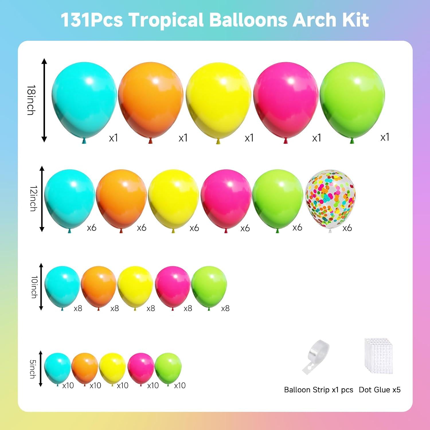 Tropical Hawaiian Balloon Arch Kit | Hot Pink, Green, Orange, Yellow, Teal Summer Garland