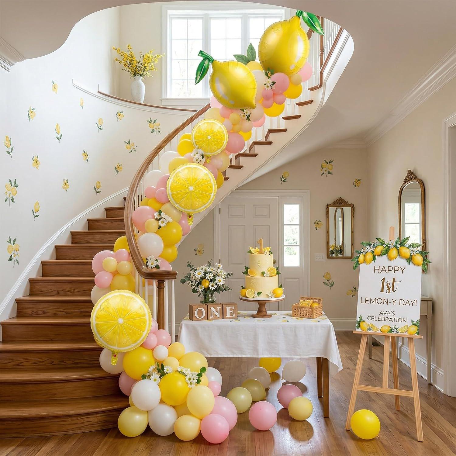 Pink Yellow Lemon Balloon Arch Kit | Sun & Lemon Mylar Balloons, Party Decor