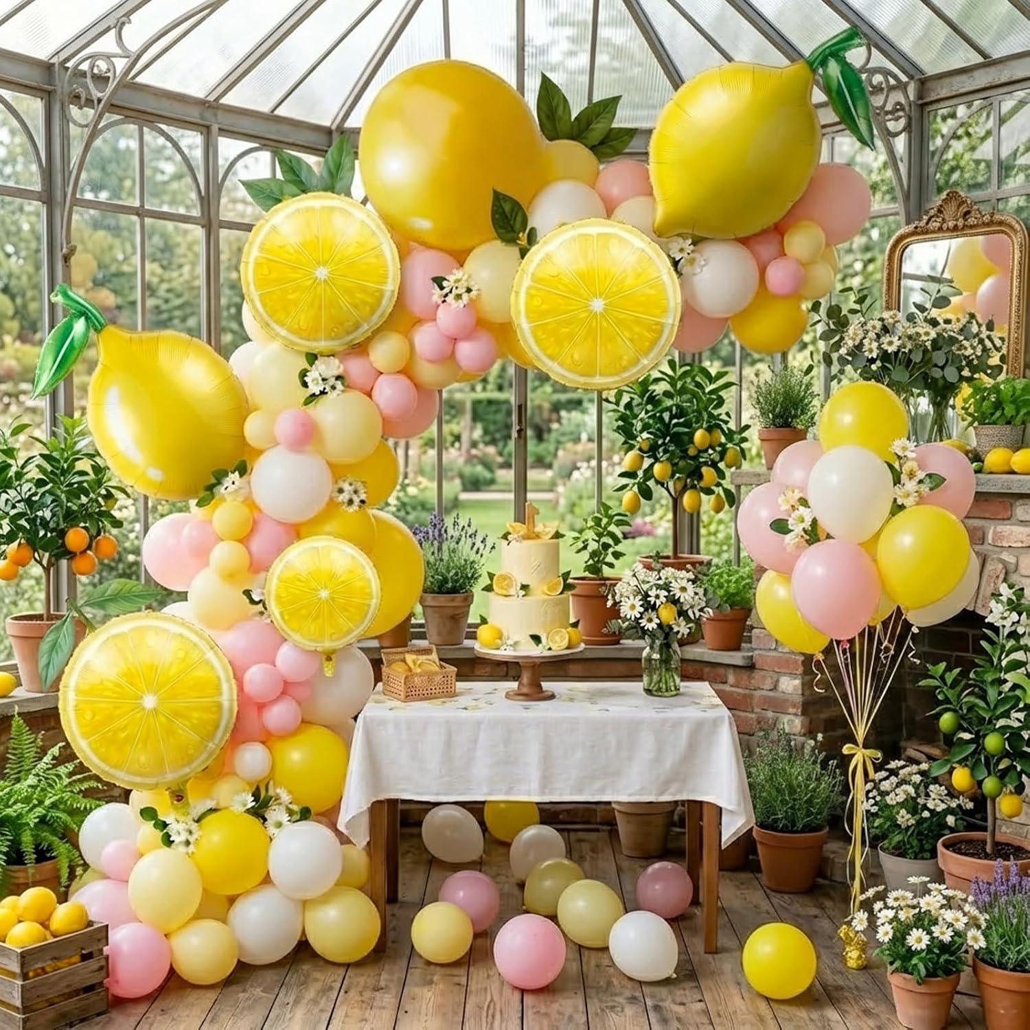 Pink Yellow Lemon Balloon Arch Kit | Sun & Lemon Mylar Balloons, Party Decor
