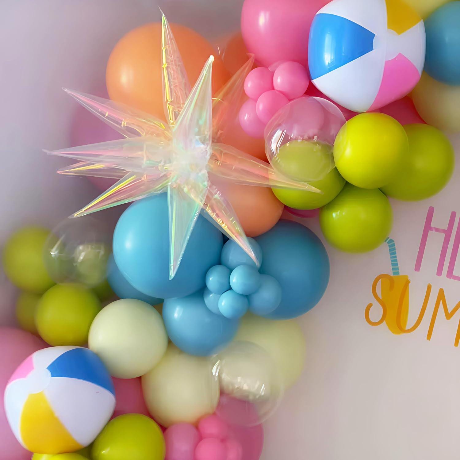 Summer Beach Balloon Arch Kit | Green, Pink, Blue Peach Garland Beach Balls, Iridescent Star