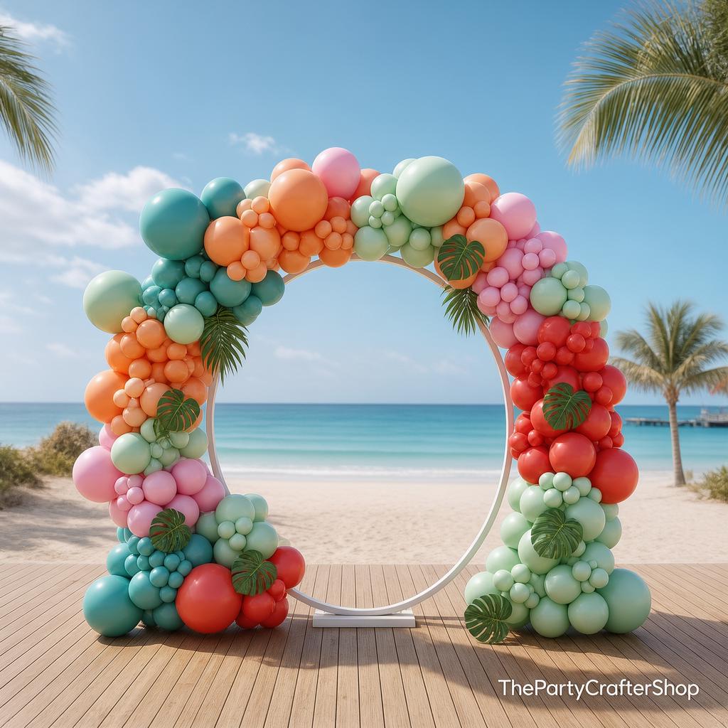 Hawaiian Balloon Arch Kit | Tropical Coral, Pink, Teal, Peach Garland with Palm Leaves