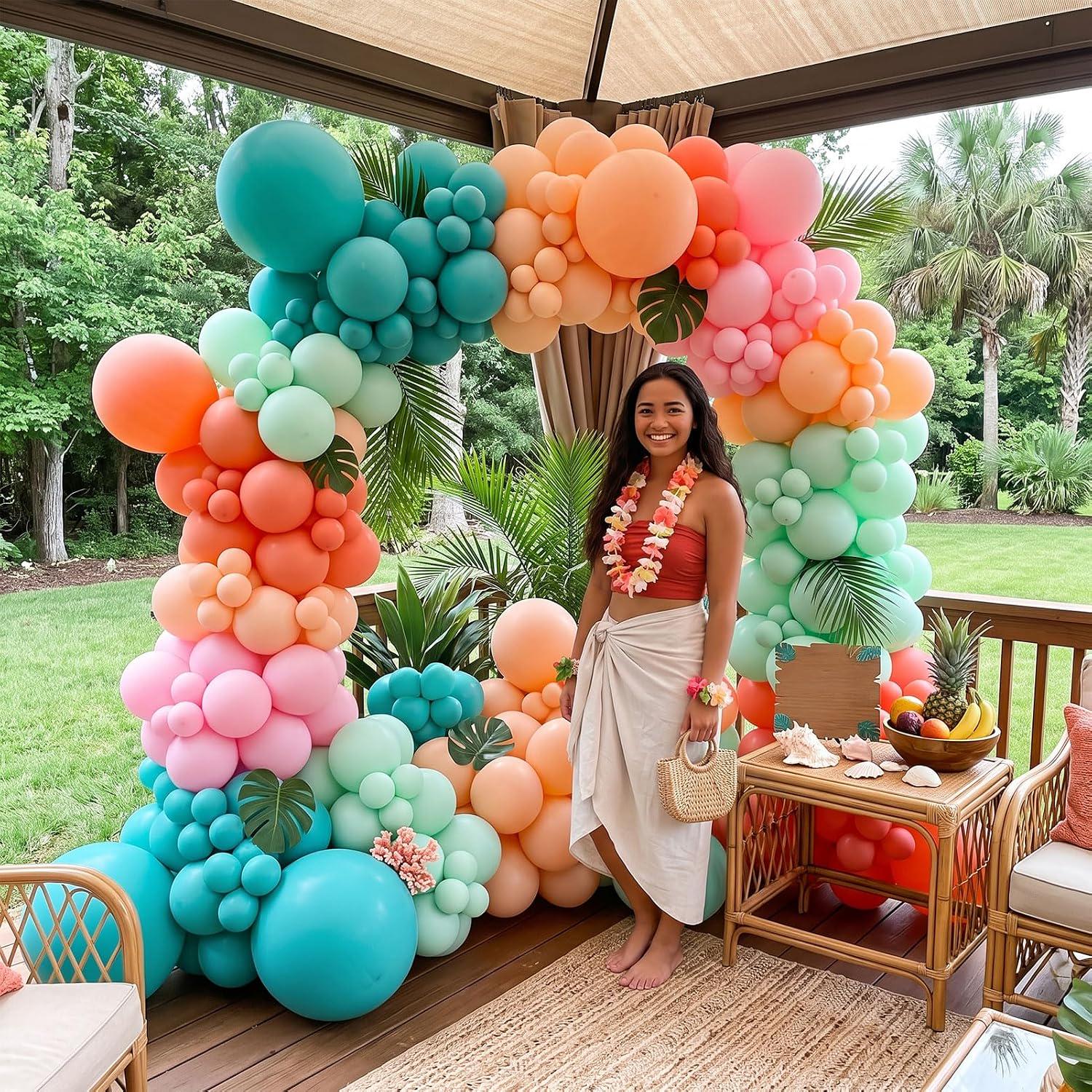 Hawaiian Balloon Arch Kit | Tropical Coral, Pink, Teal, Peach Garland with Palm Leaves