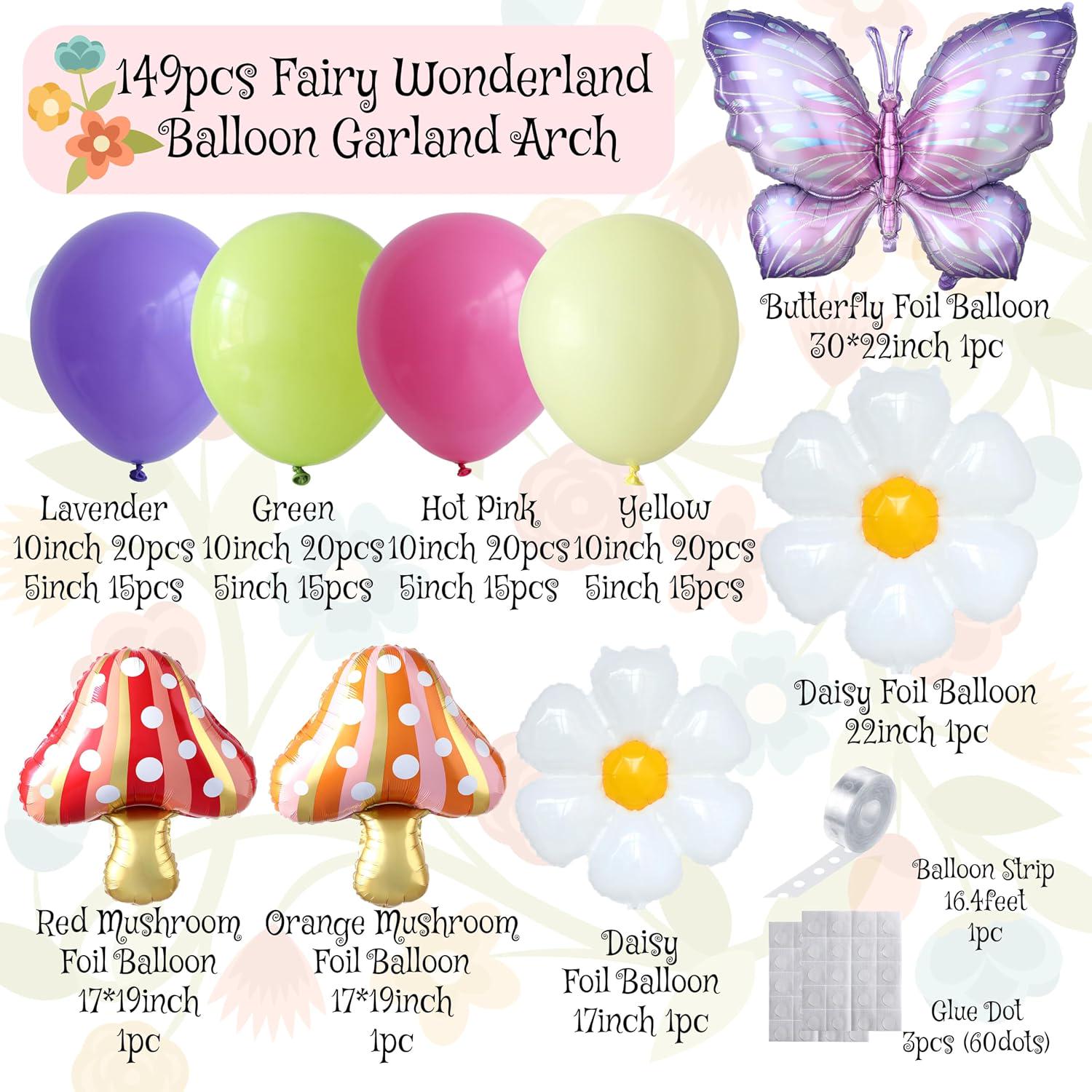 Fairy Balloon Arch Kit | Lavender, Green, Rainbow Balloons, Daisy, Butterfly, Mushroom Decor