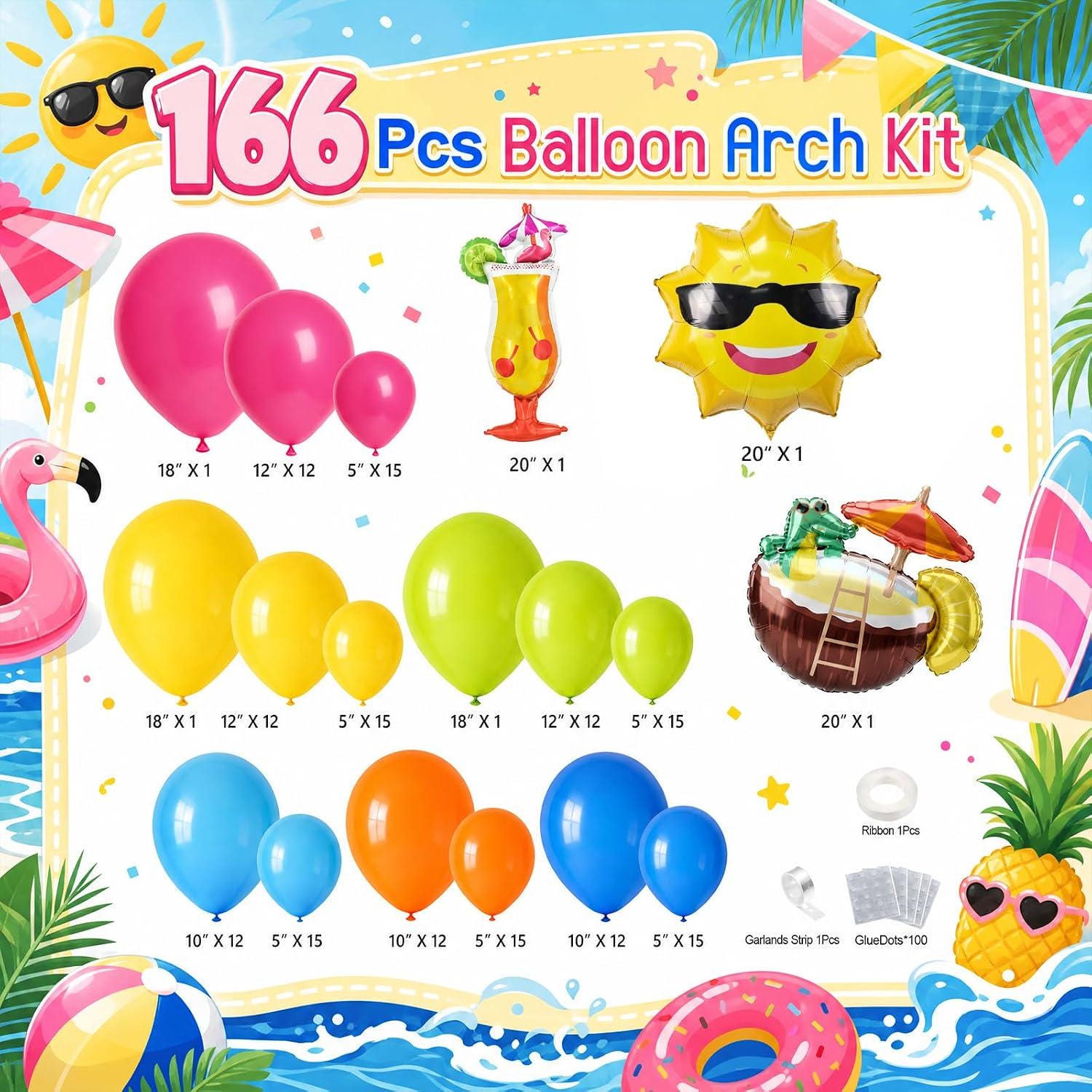 Tropical Balloon Arch Kit | Luau Pool Party Garland, Sun, Cocktail, Coconut Decorations