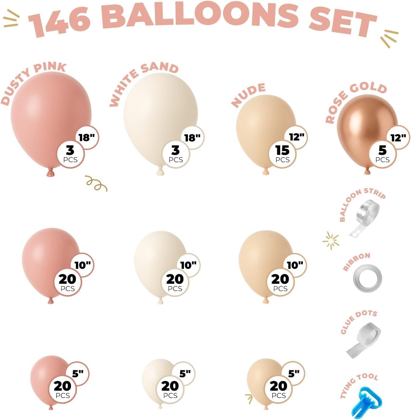 146 Pc Dusty Pink Balloon Arch Kit | Rose Gold Nude White Sand Garland | Baby Shower Wedding Birthday Decor
