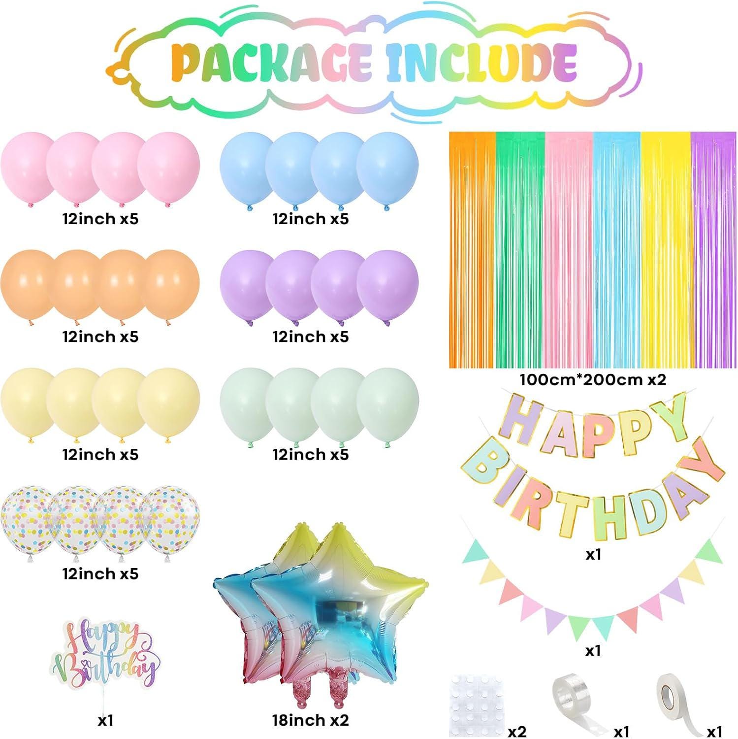 Pastel Birthday Decorations Set | Macaron Rainbow Balloons Banner Fringe Curtain | Girls Baby Shower Decor