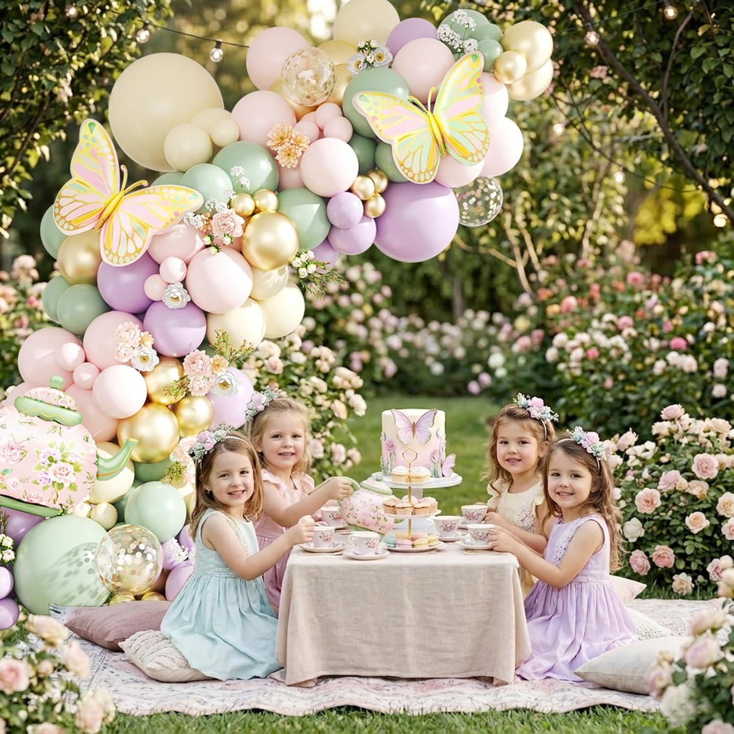 Tea Party Balloon Arch Kit | Pastel Purple, Pink, Sage Green, Gold Garland Teapot Butterflies