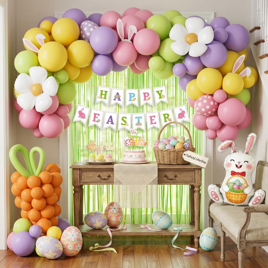 Easter Party Decorations Kit | Bunny Balloon Garland, Banner, Cake Toppers, Fringe Curtain
