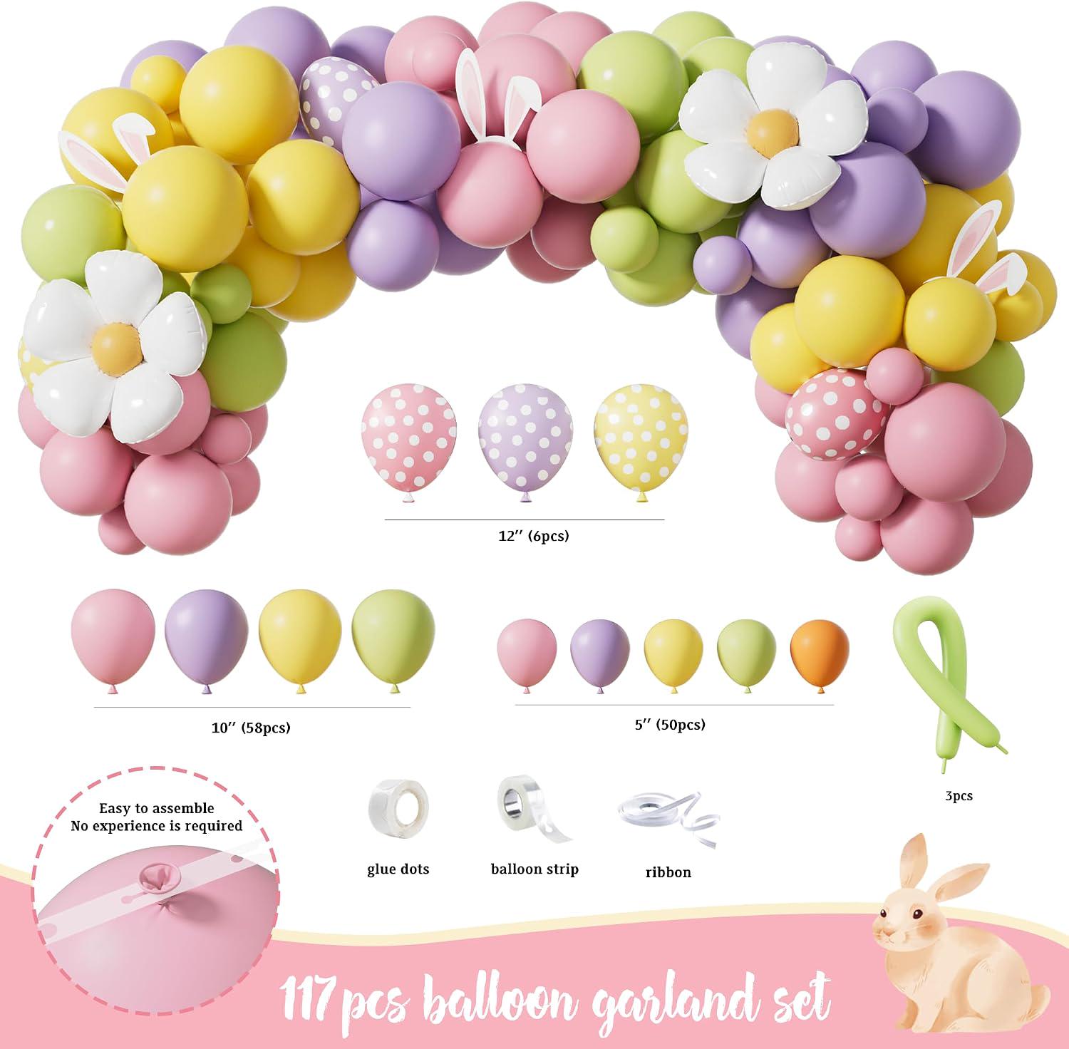 Easter Party Decorations Kit | Bunny Balloon Garland, Banner, Cake Toppers, Fringe Curtain