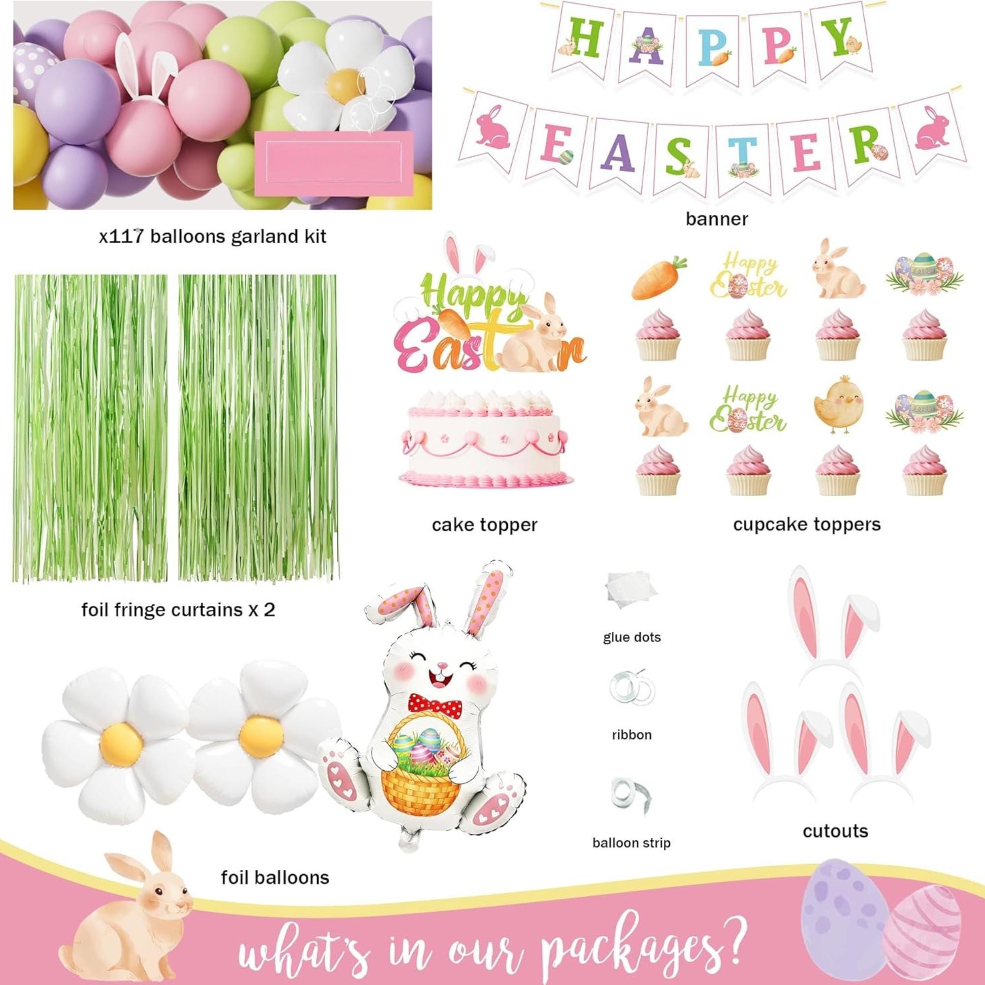 Easter Party Decorations Kit | Bunny Balloon Garland, Banner, Cake Toppers, Fringe Curtain