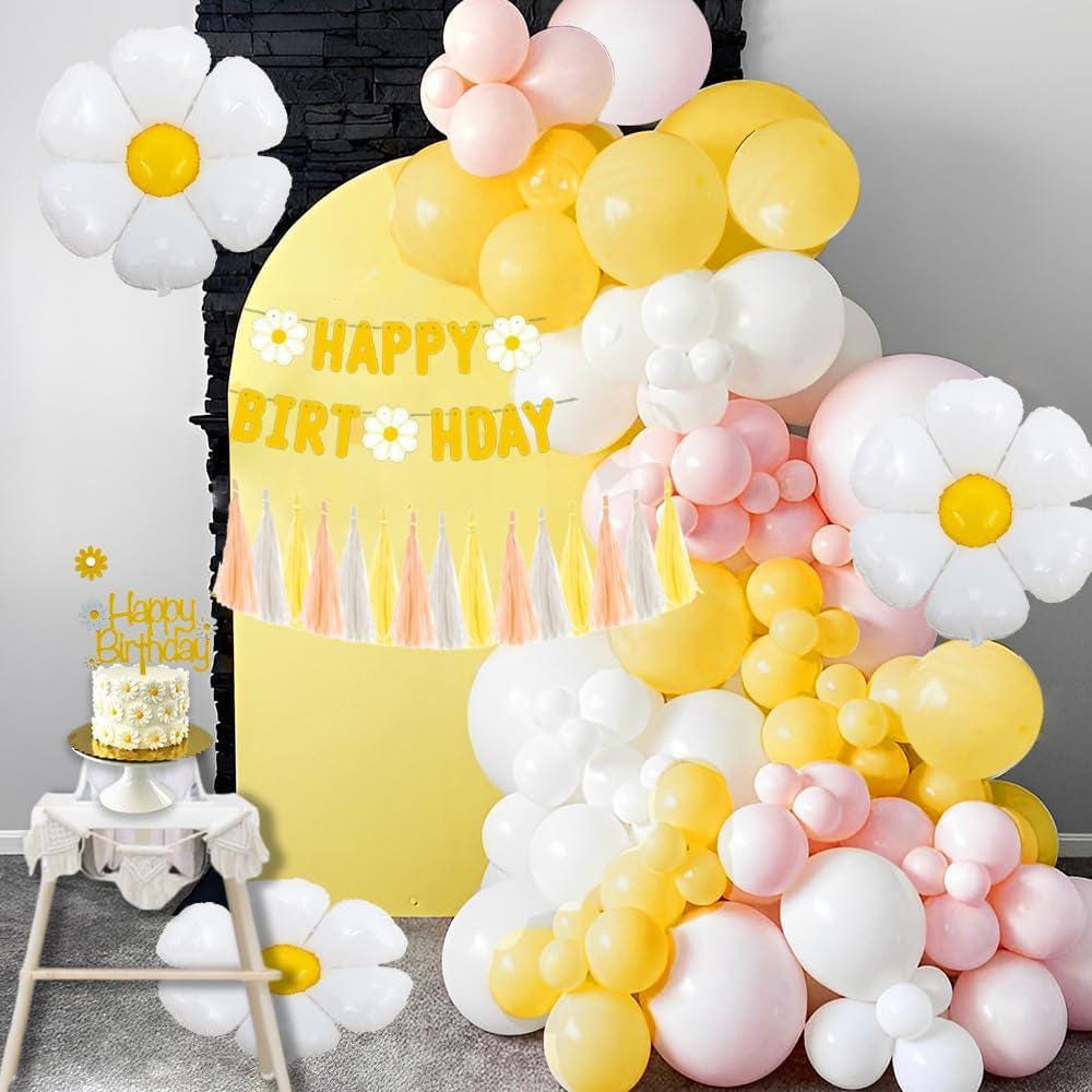 Daisy Birthday Party Decorations | Pink Yellow White Balloon Arch Banner Cake Topper
