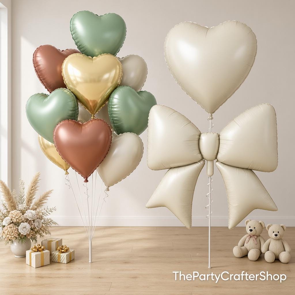Heart Bow Balloons | Green Neutral Cream Gold Woodland Baby Shower Decor