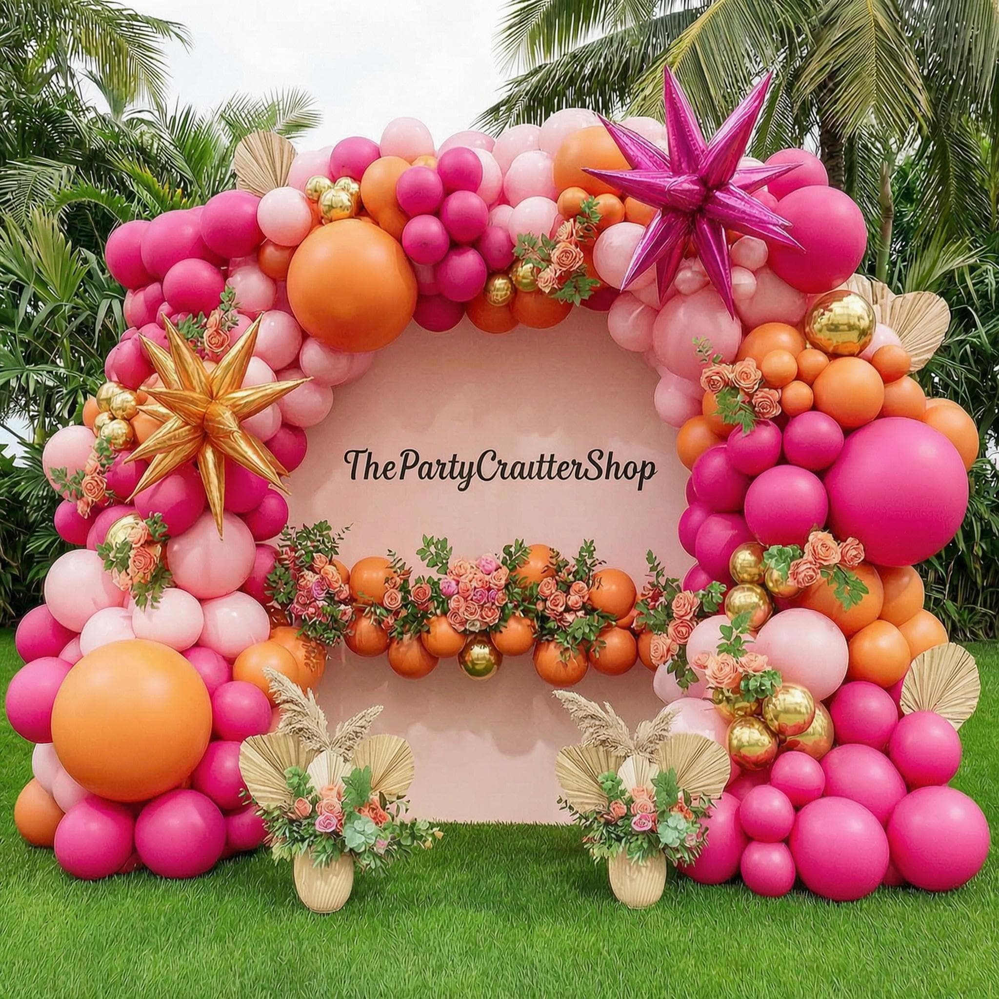 Pink Orange Balloon Arch Kit | Tropical Double Stuffed Garland, Star Foils (Party Decor)