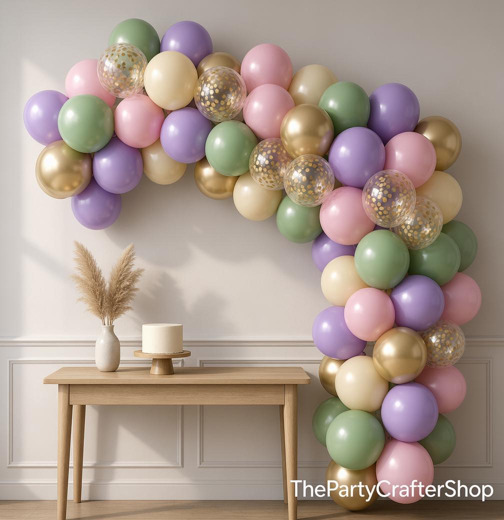 Pastel Balloon Arch Kit | Sage Green, Pink, Purple, Gold Confetti | Baby Shower, Wedding Decor