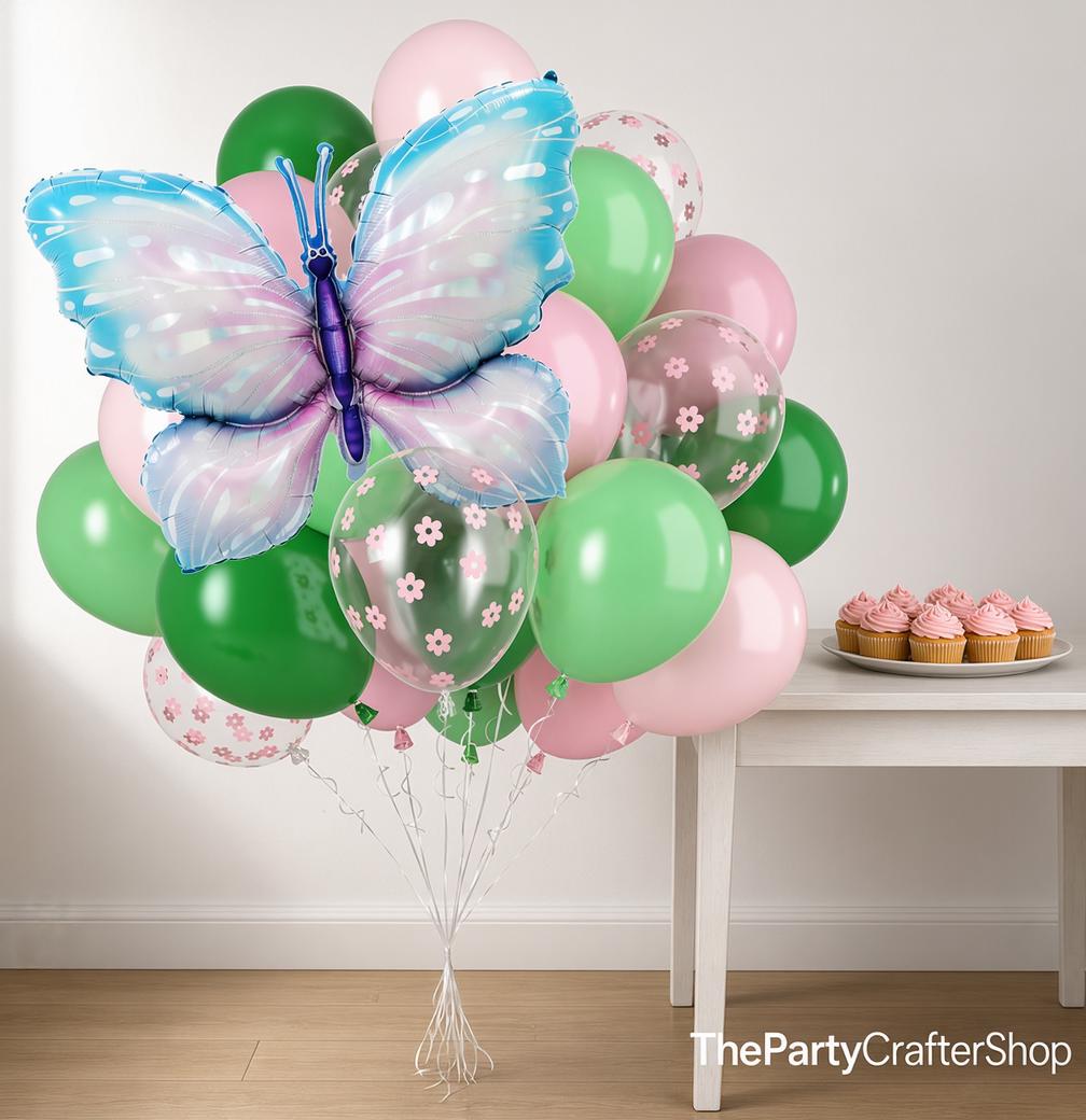 Pink Green Flower Balloons with Butterfly Foil | Garden Tea Party Decor