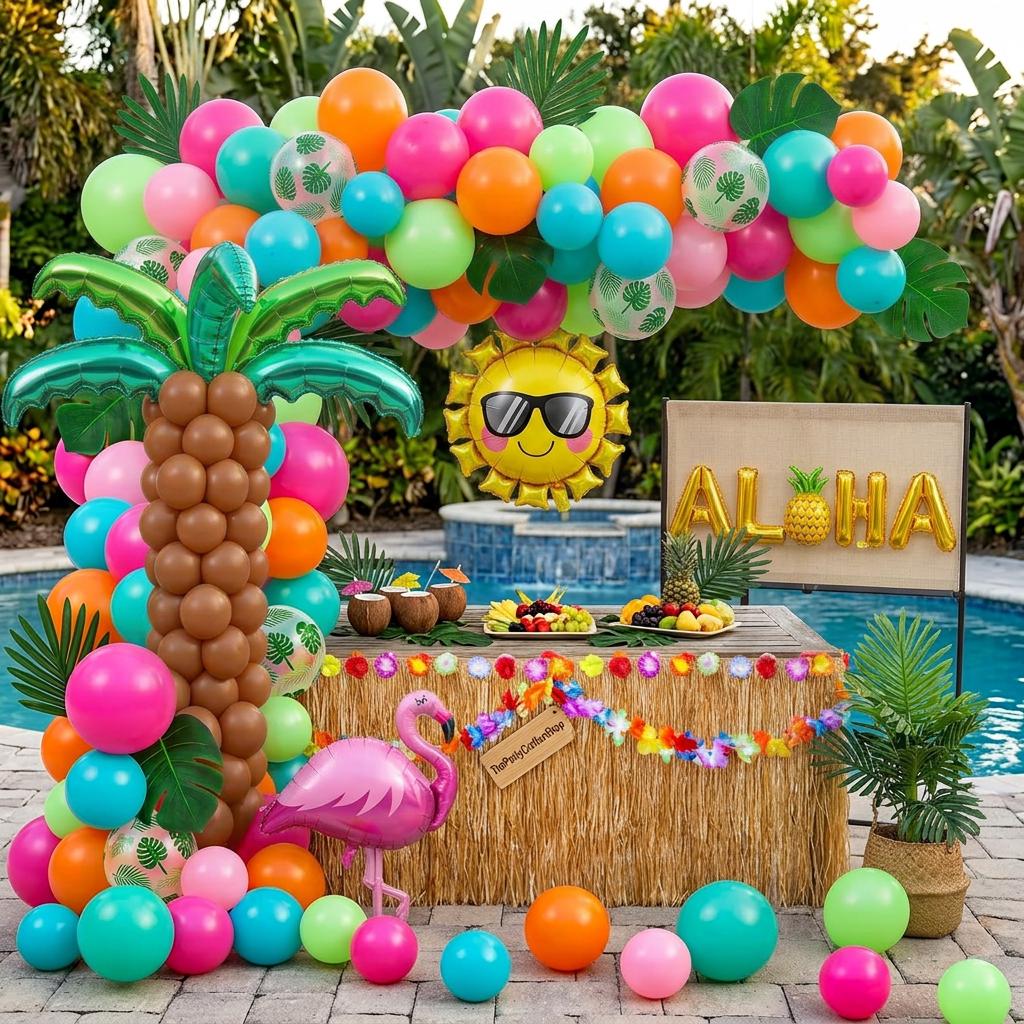 Tropical Luau Balloon Arch Kit | Hawaiian Garland with Flamingo, Palm Tree, Aloha Balloons