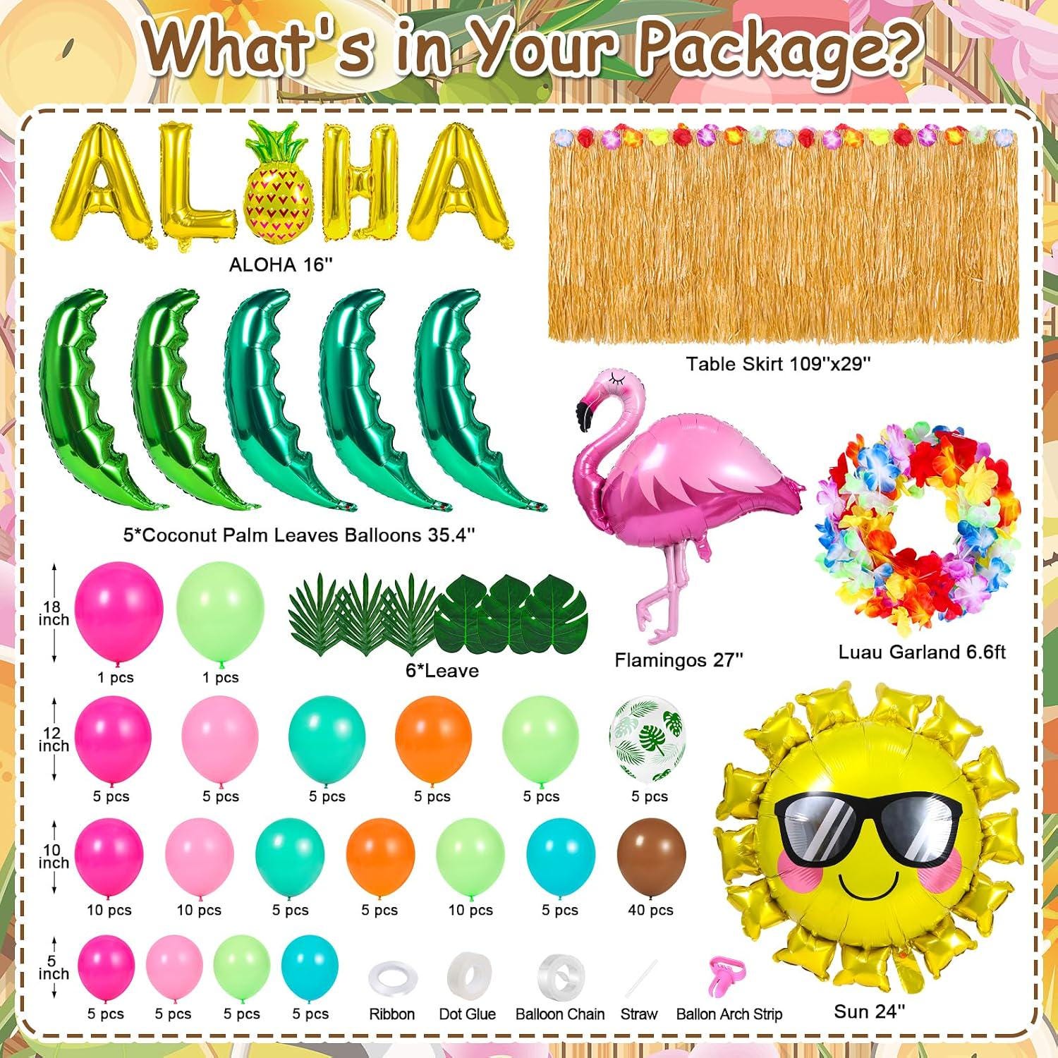 Tropical Luau Balloon Arch Kit | Hawaiian Garland with Flamingo, Palm Tree, Aloha Balloons