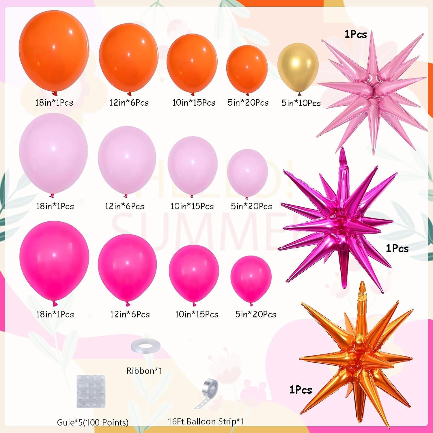 Pink Orange Balloon Arch Kit | Hot Pink Gold Confetti Star Balloons, Summer Party Decor