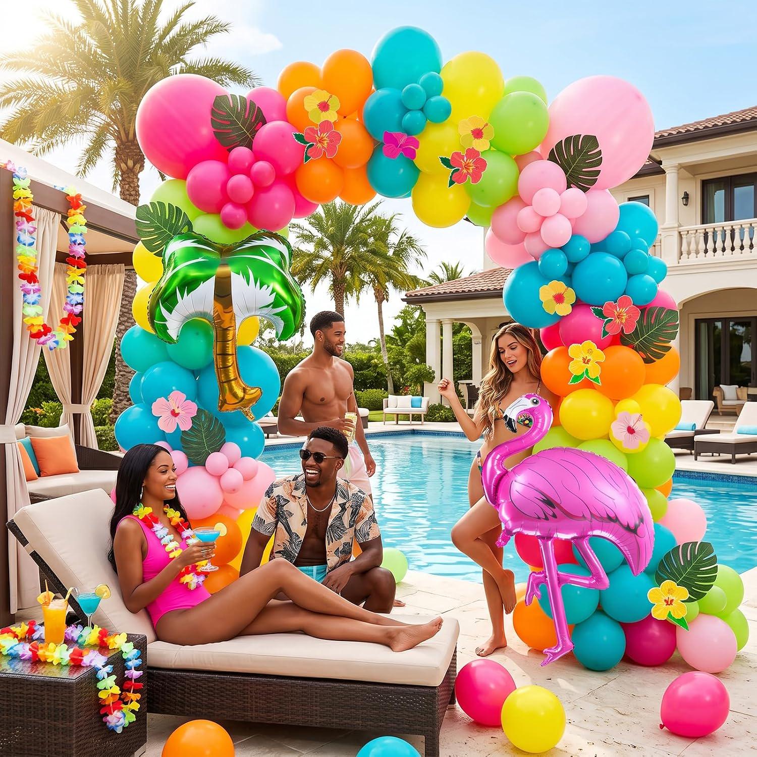 Tropical Balloon Arch Kit | Flamingo, Palm Leaves, Hawaiian Luau Party Decor