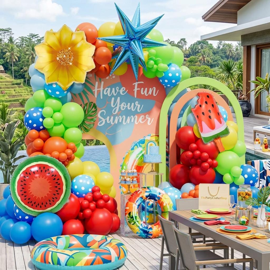 Summer Tropical Balloon Arch Kit | Pool Beach Luau Party Decor, Watermelon Sun Balloons