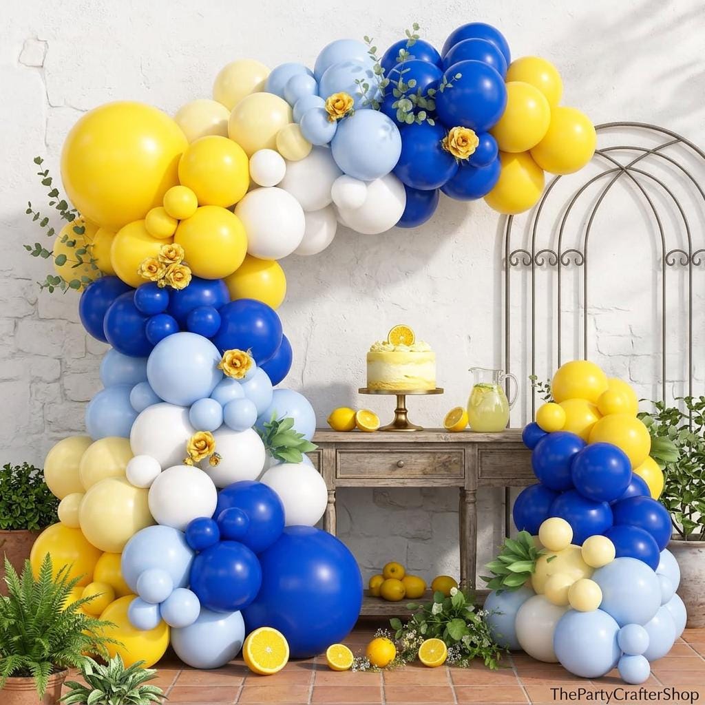 Blue Yellow Lemon Balloon Garland Kit | Citrus Party Arch Decor
