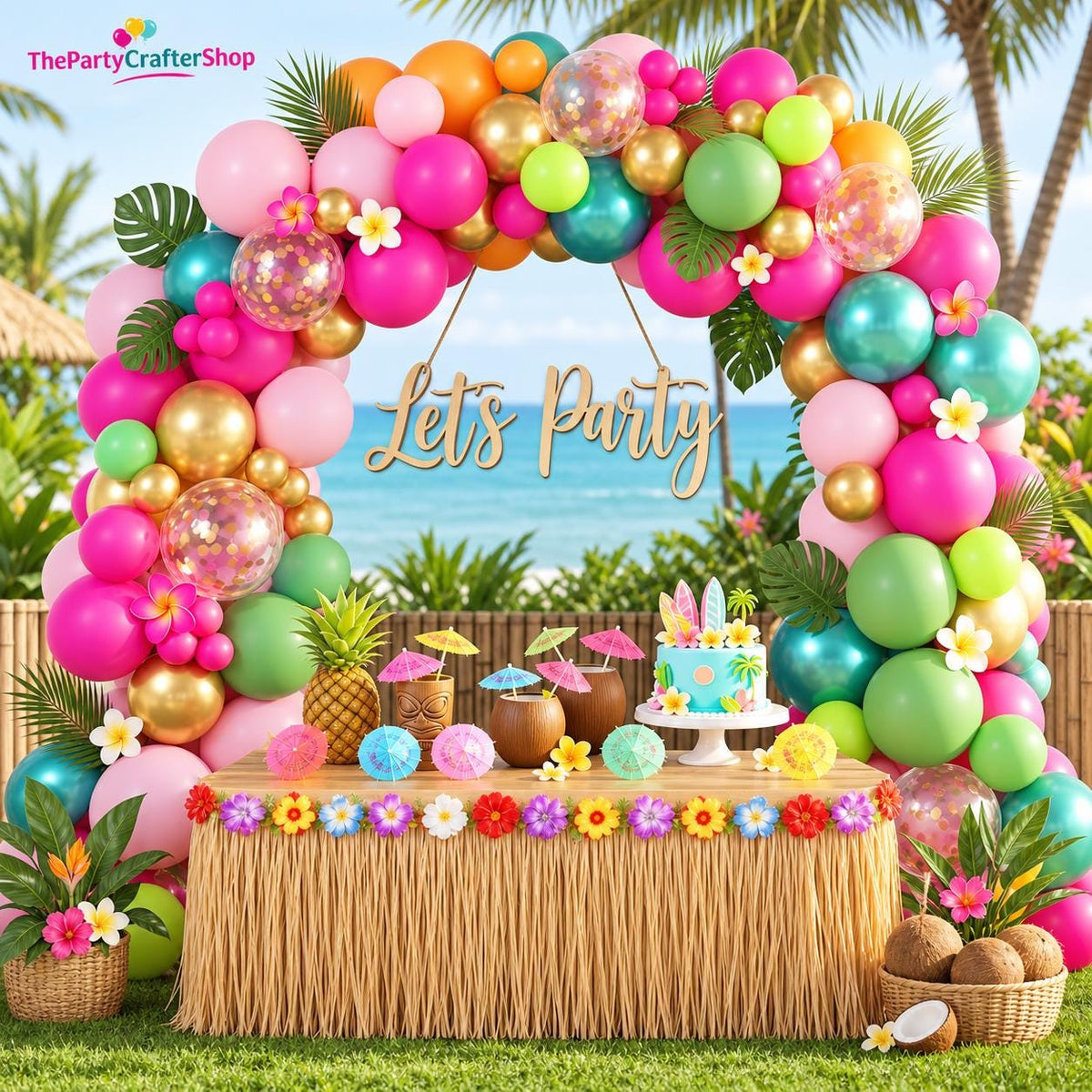 Tropical Balloon Arch Kit | Hawaiian Luau Garland, Umbrella Toppers, Summer Party Decor
