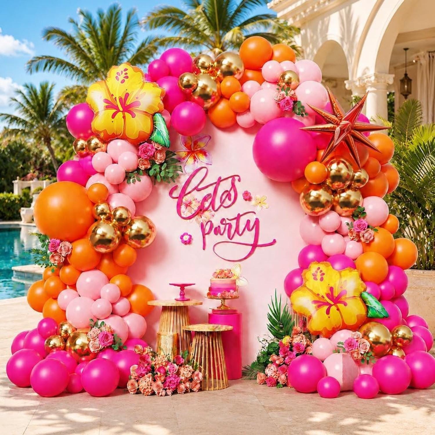 Tropical Balloon Arch Garland Kit | Hot Pink Orange Hibiscus Luau Party Decor