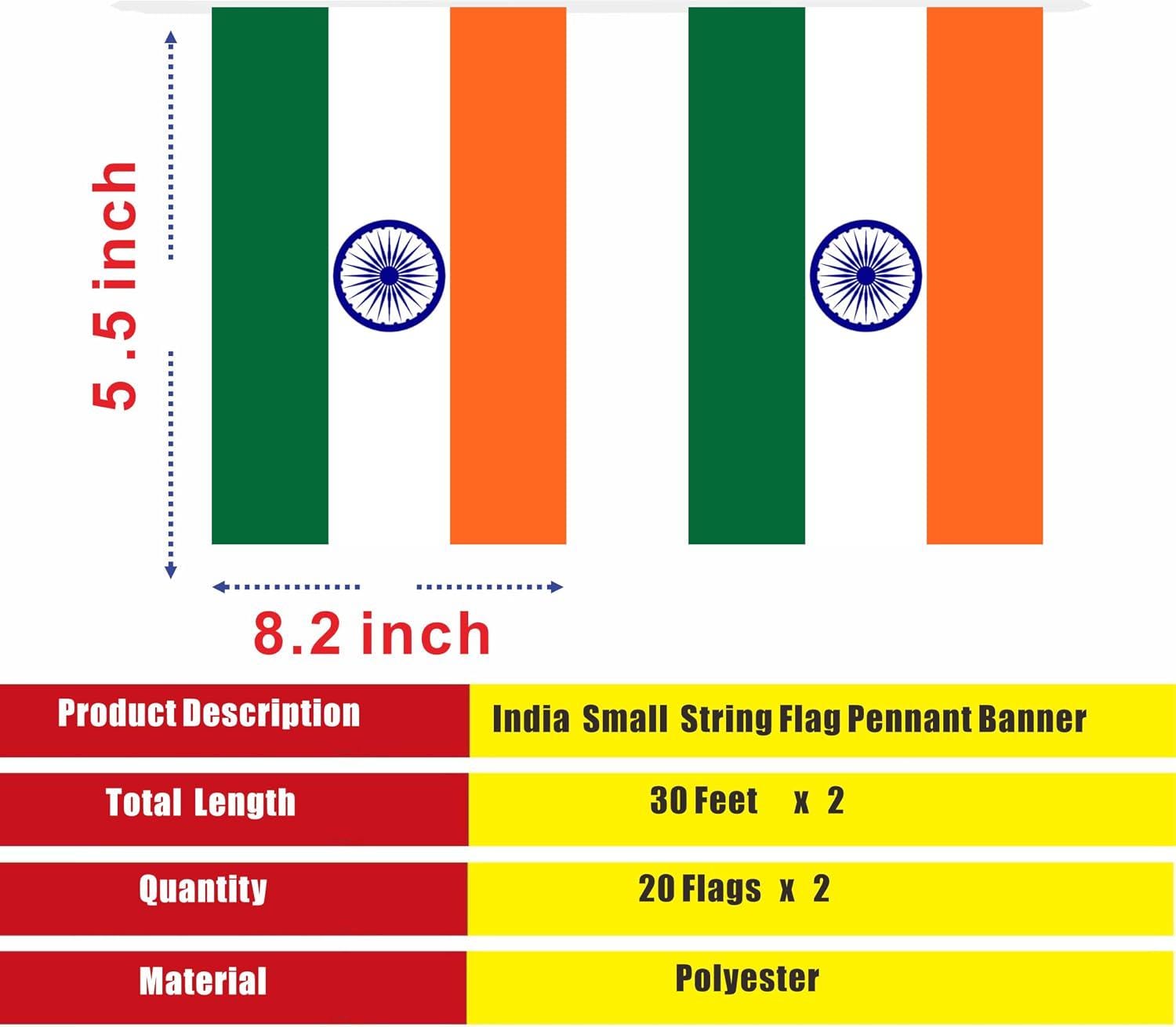 India Mini Flag Bunting | 2 Pack 60ft Pennant String, 40 Flags