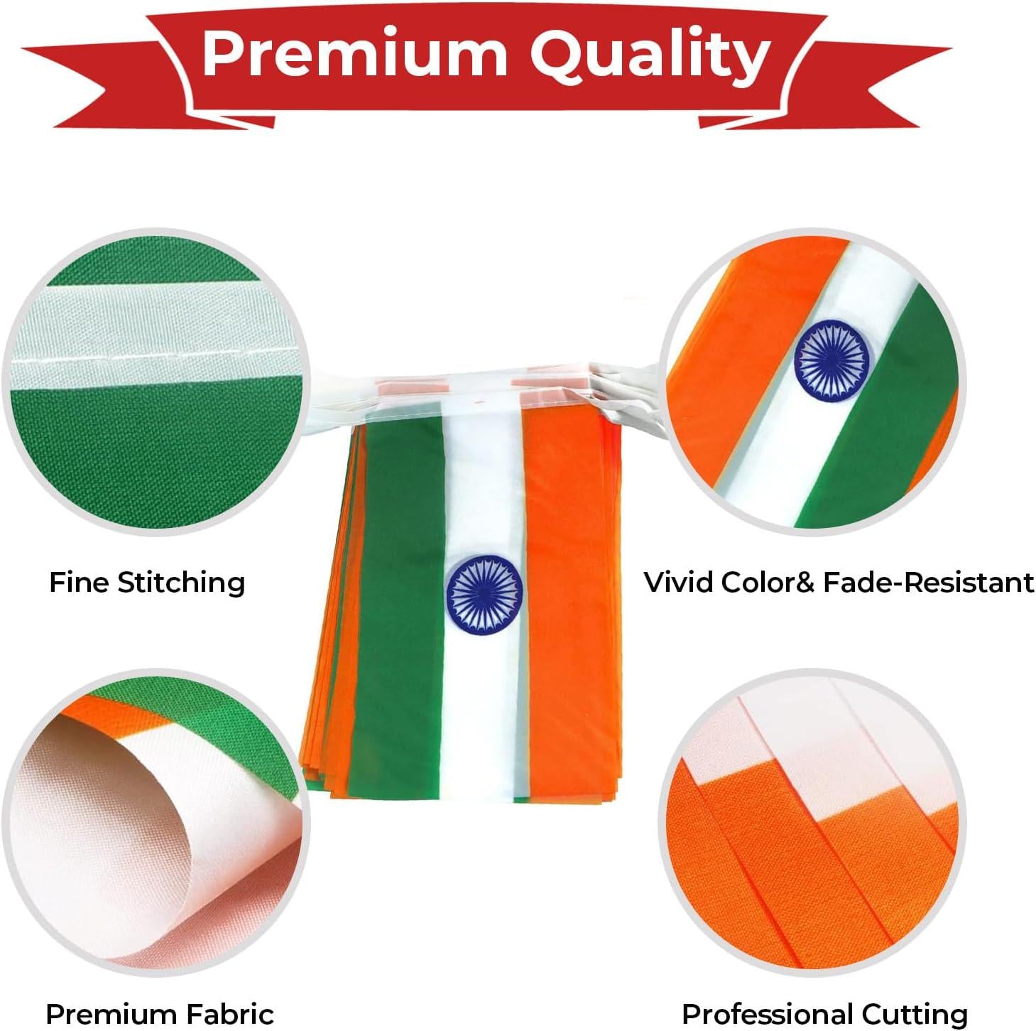 India Flag Banner Garland, 30 Mini Polyester Flags, 33 Feet Patriotic Party Decor
