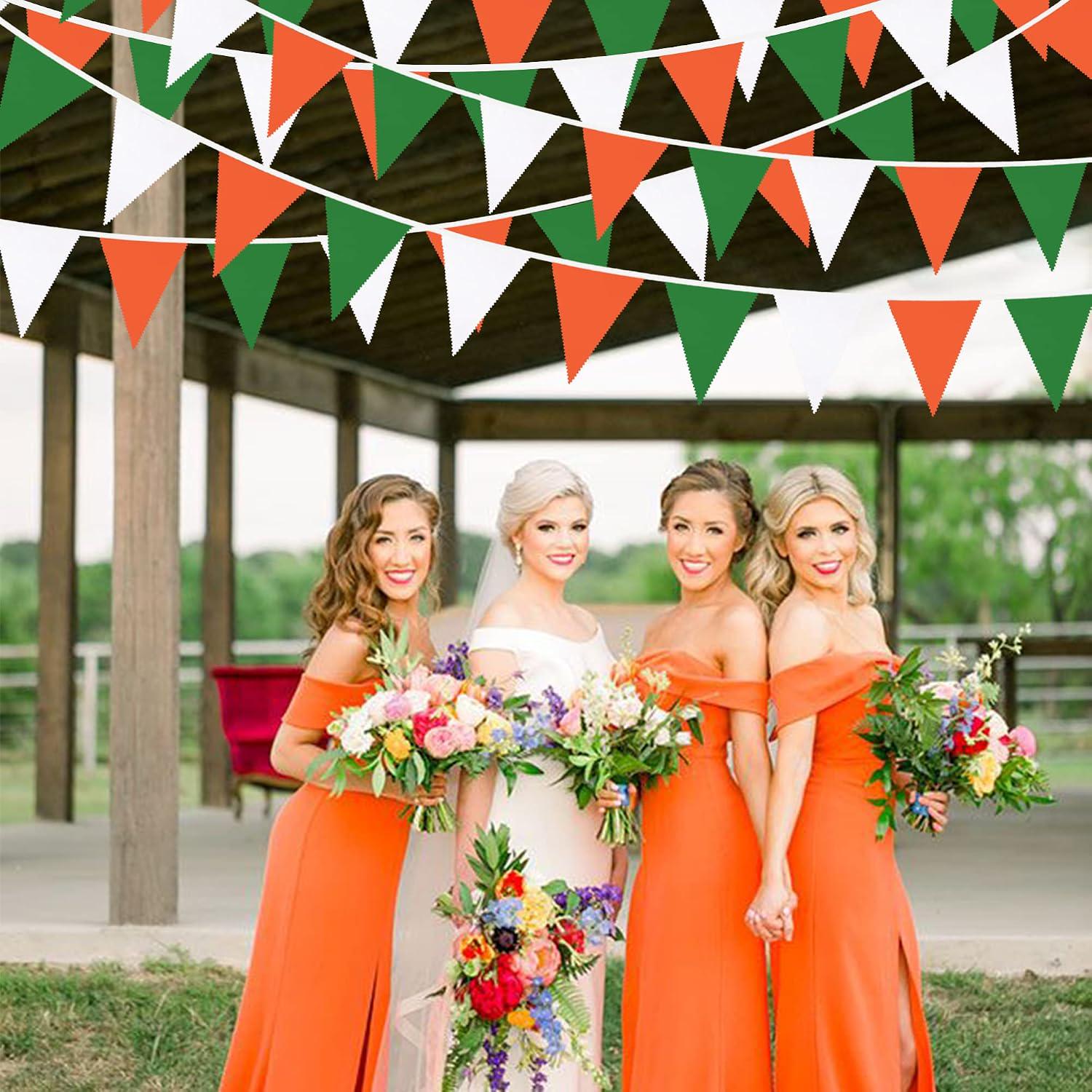 Orange Green White Fabric Pennant Banner, Triangle Flag Garland, Party Decoration