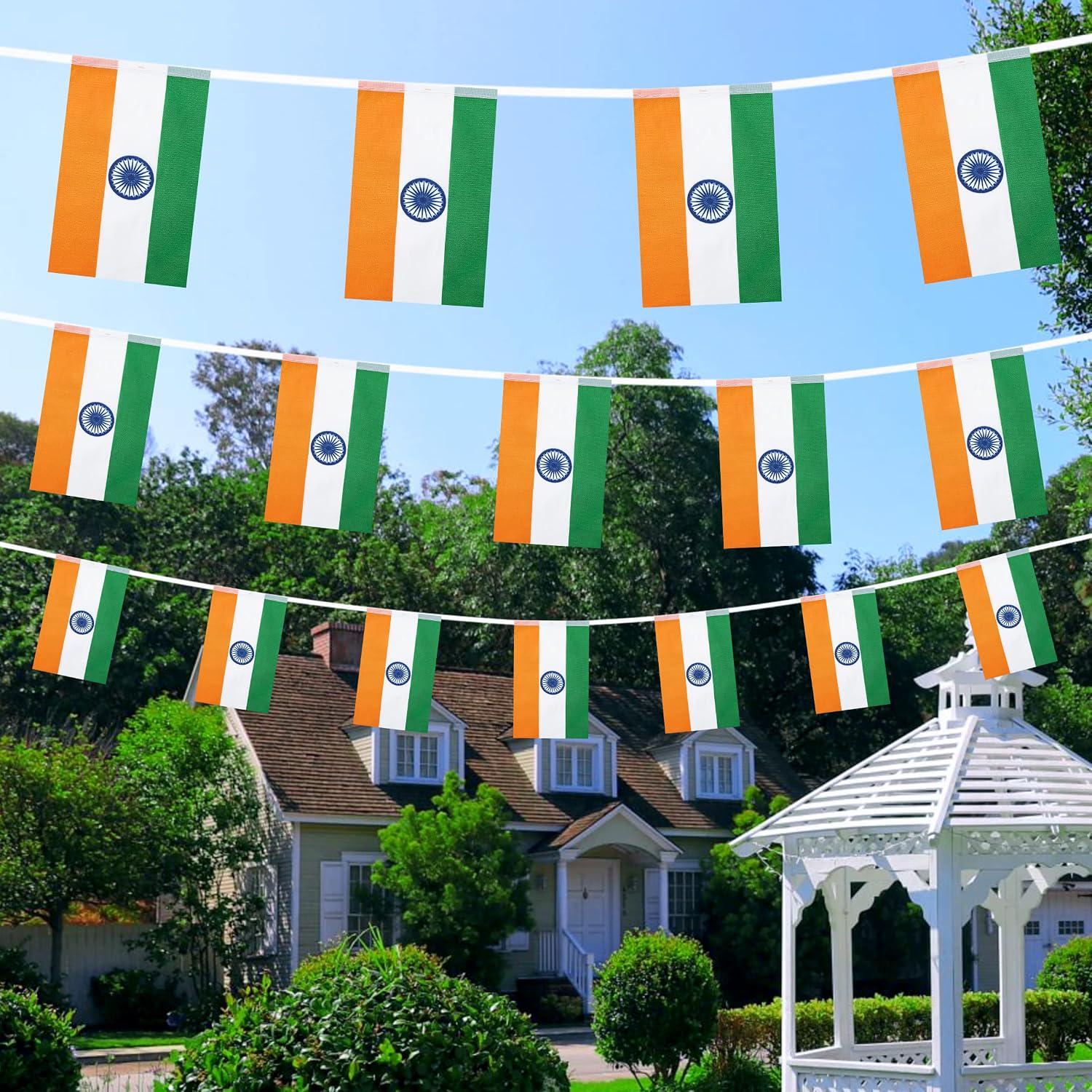 India Flag Banner, 50 Ft Patriotic Pennant, 38 Mini Flags, Indoor Outdoor Party Decor