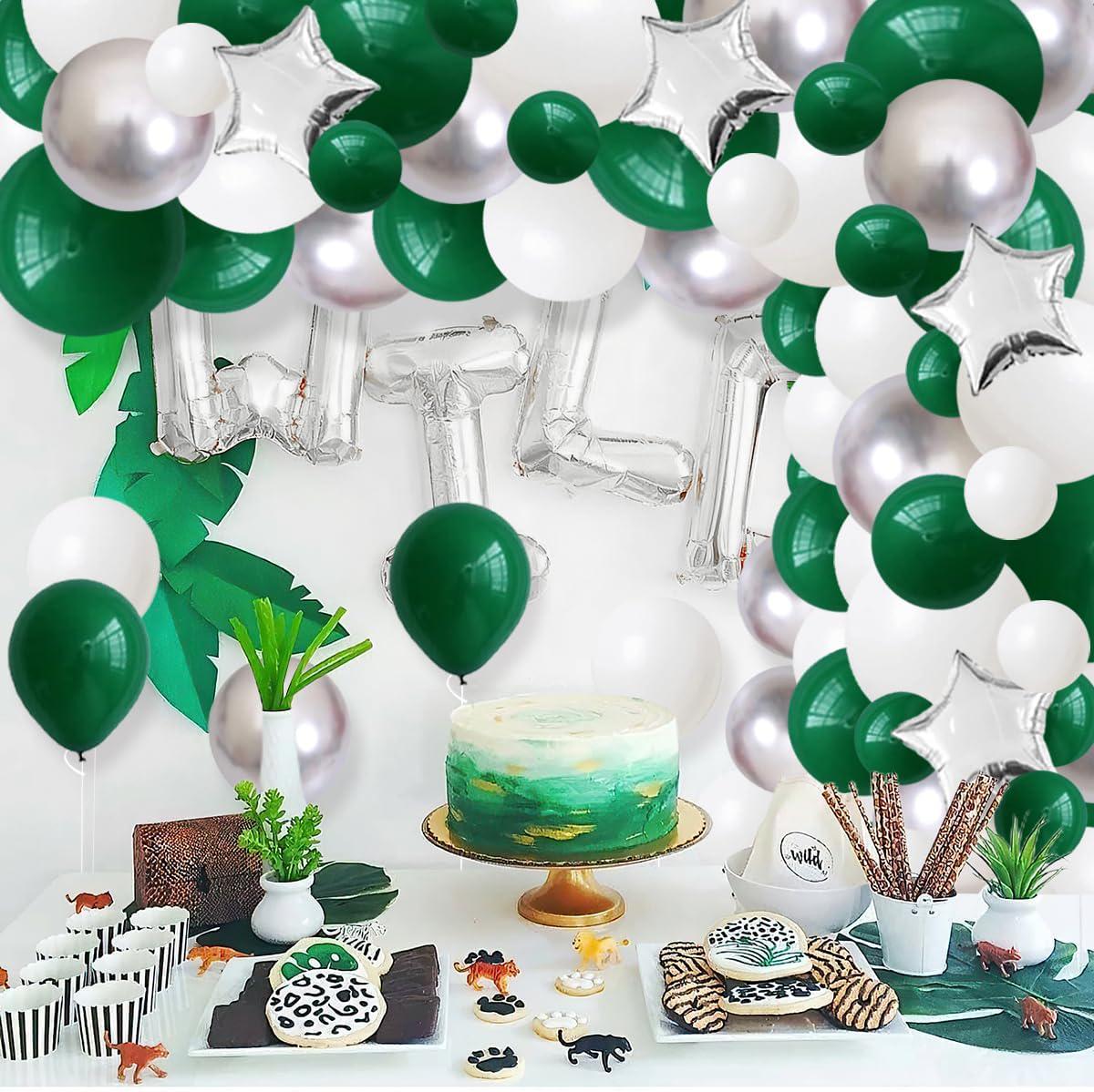 Emerald Green Silver White Balloon Arch Kit, Metallic Garland, Jungle Camo Birthday Decor
