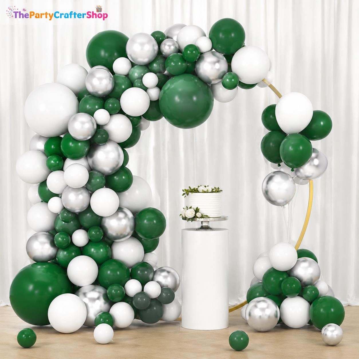 Dark Green White Silver Balloon Arch Garland Kit, Forest Metallic Party Decor