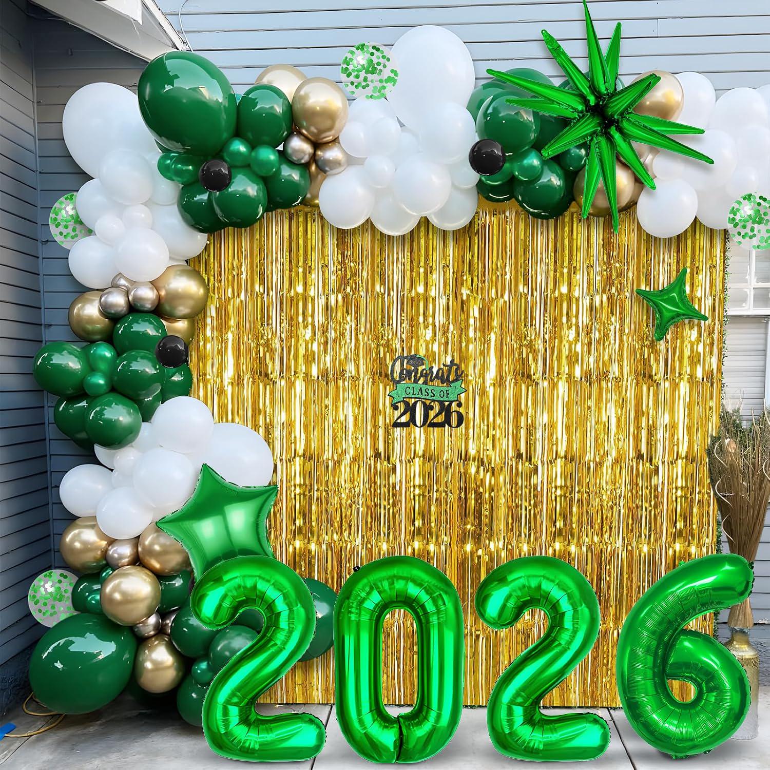 Graduation Balloon Garland Arch Kit, Dark Green Gold White, Class of 2026 Party Decorations