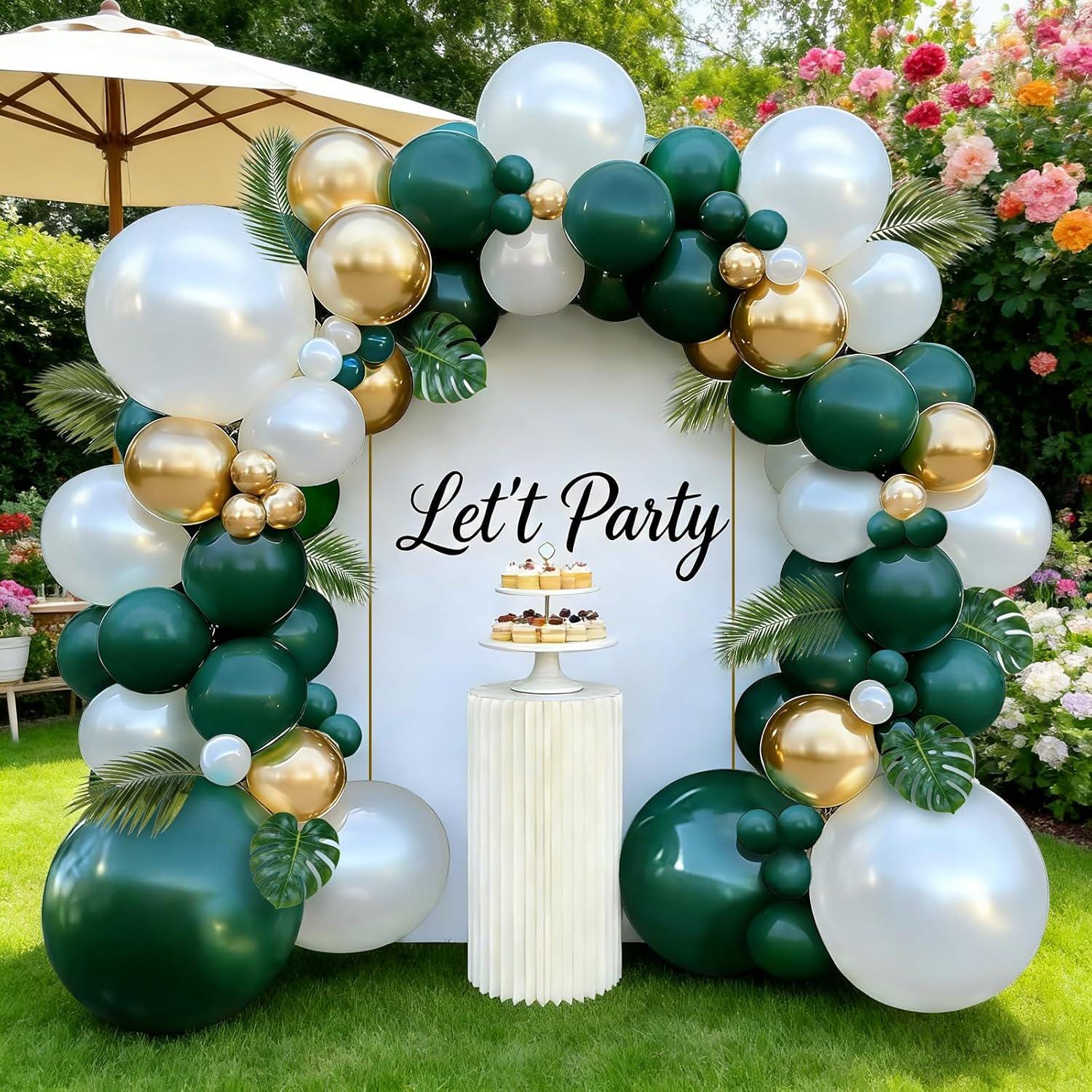 Emerald Green Gold Balloon Arch Kit, Hunter White Garland, Jungle Party Decor