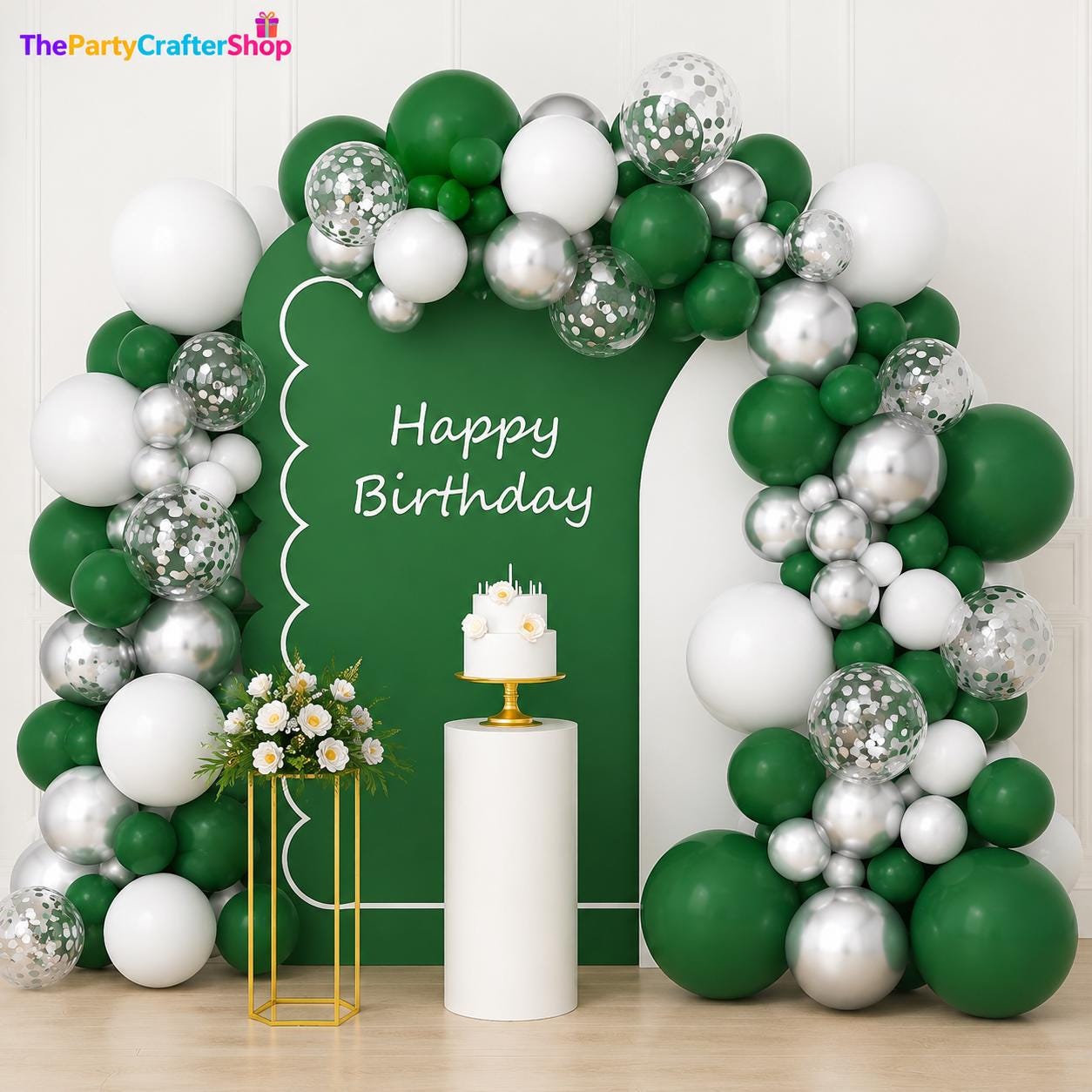 Dark Green Silver Balloon Arch Kit, Metallic White Garland, Birthday Party Decor