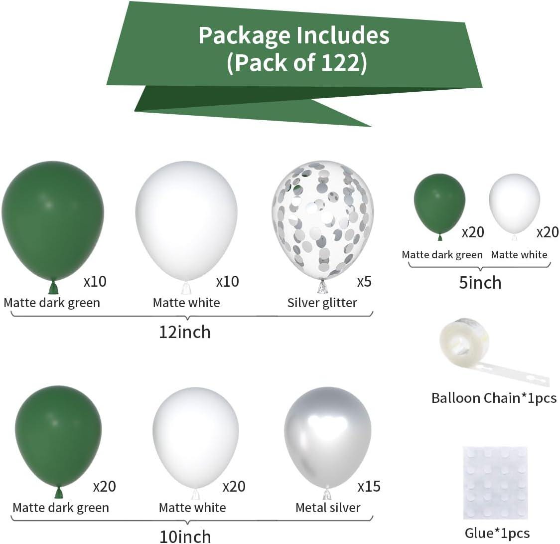 Dark Green Silver Balloon Arch Kit, Metallic White Garland, Birthday Party Decor