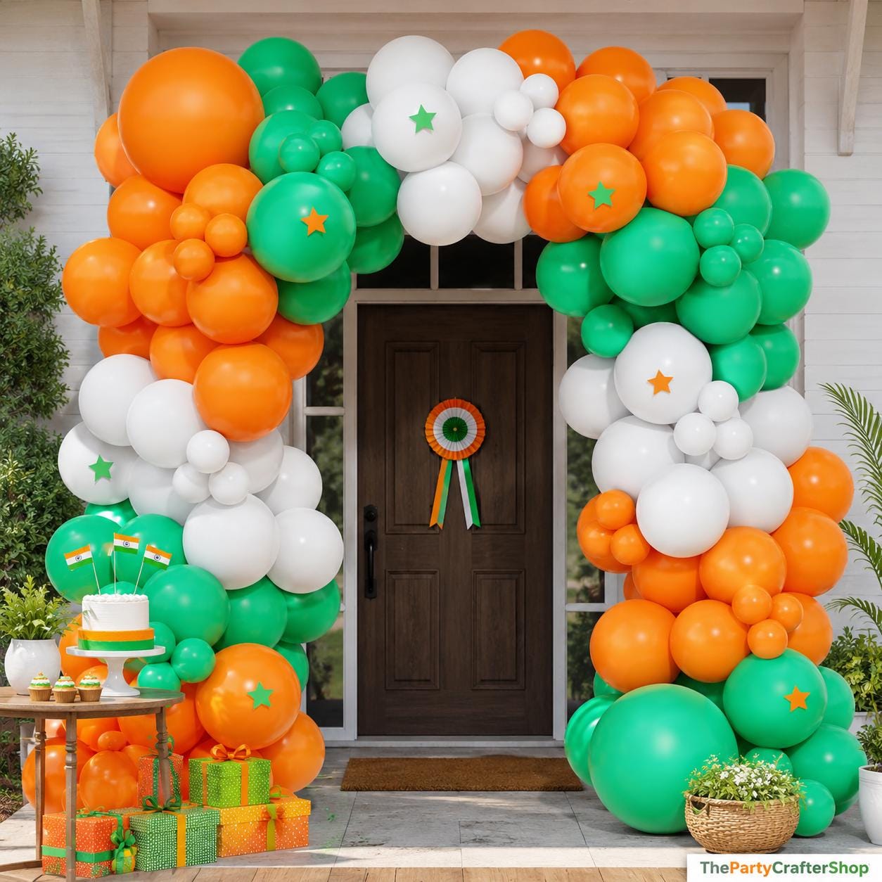 Green Orange White Balloon Arch Garland Kit, India Day Birthday Party Decoration