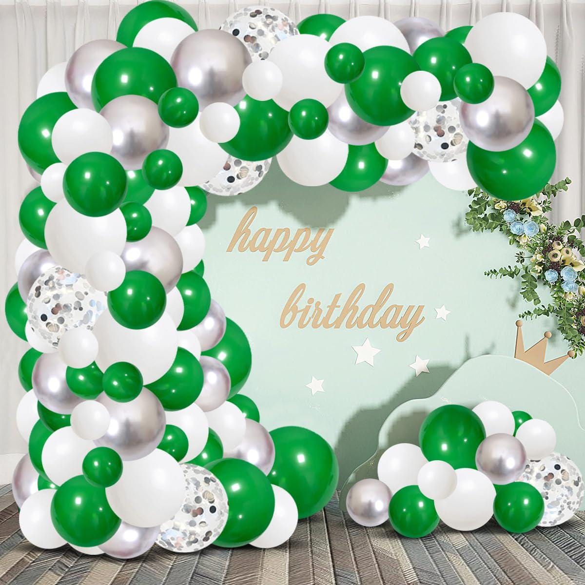 Green White Silver Balloon Arch Garland Kit, Metallic Party Decor