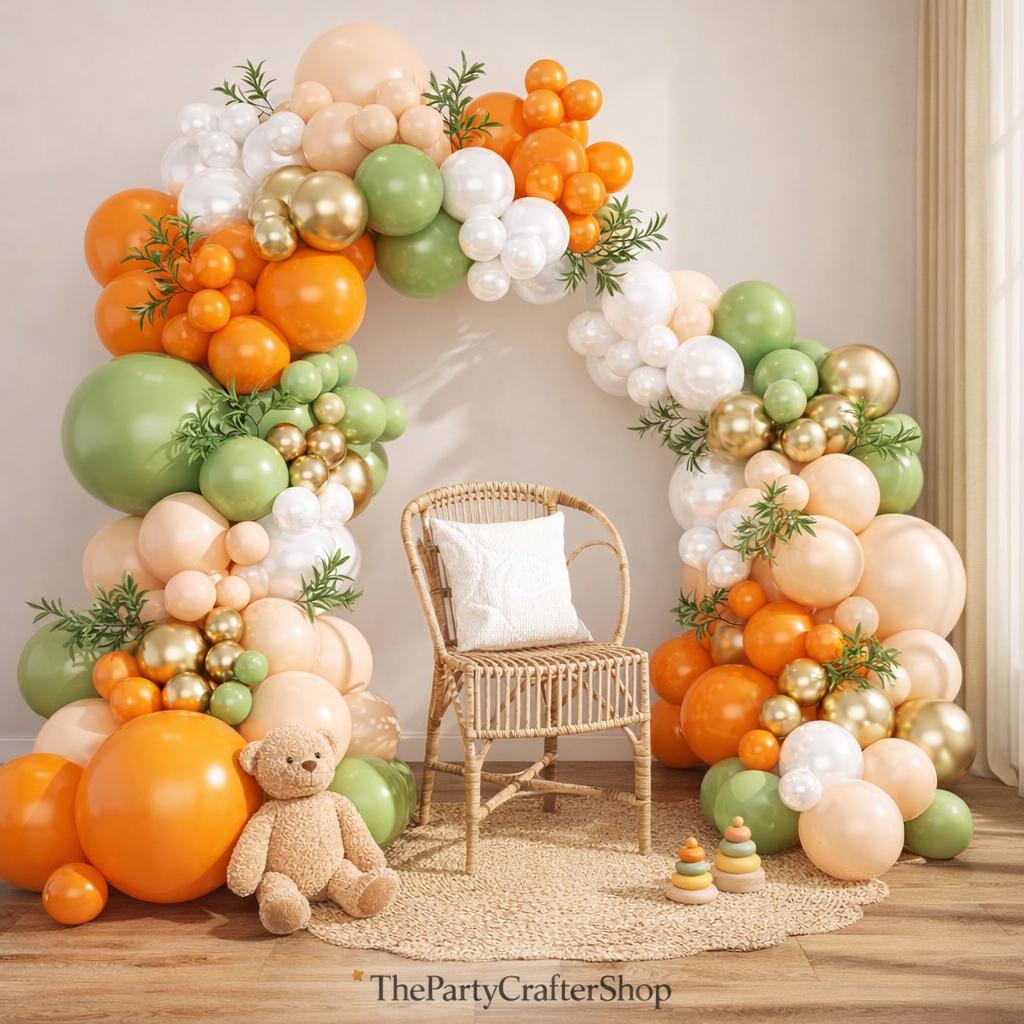 124Pcs Orange Green Balloon Arch Kit, Sage Green Nude Gold Pearl White Balloon Garland, Bridal Shower Baby Shower Party Decor