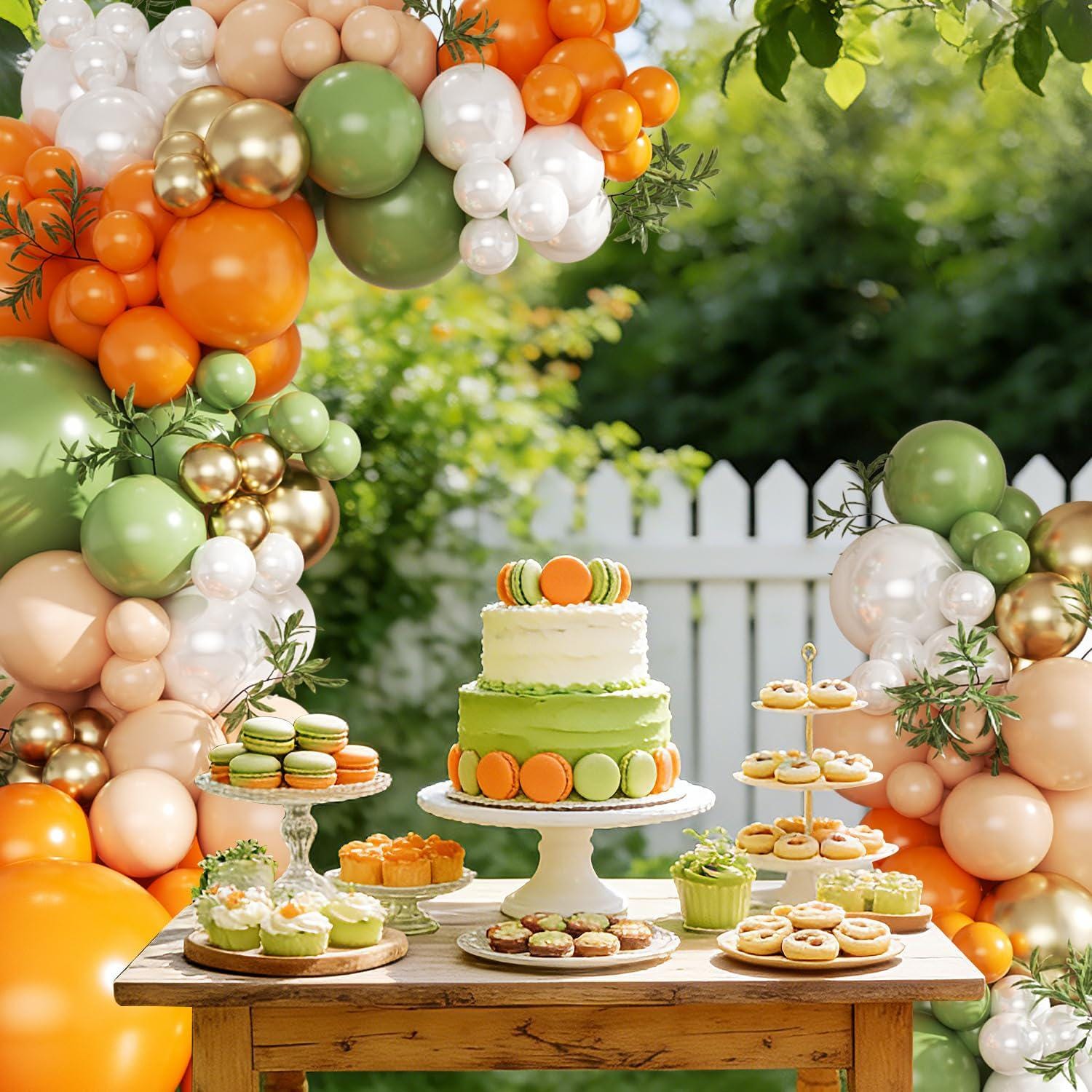 124Pcs Orange Green Balloon Arch Kit, Sage Green Nude Gold Pearl White Balloon Garland, Bridal Shower Baby Shower Party Decor