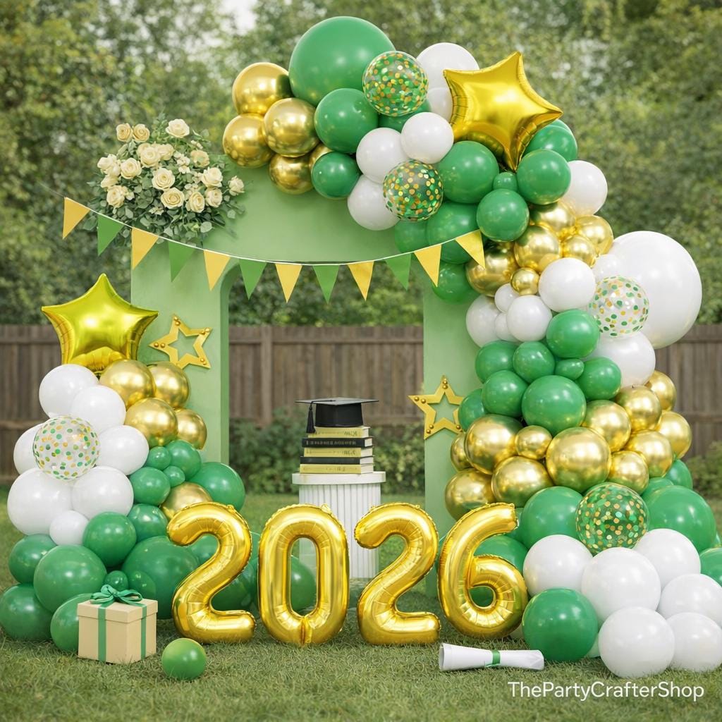 Green Gold Graduation Balloon Garland Kit, Class of 2026 Party Decoration