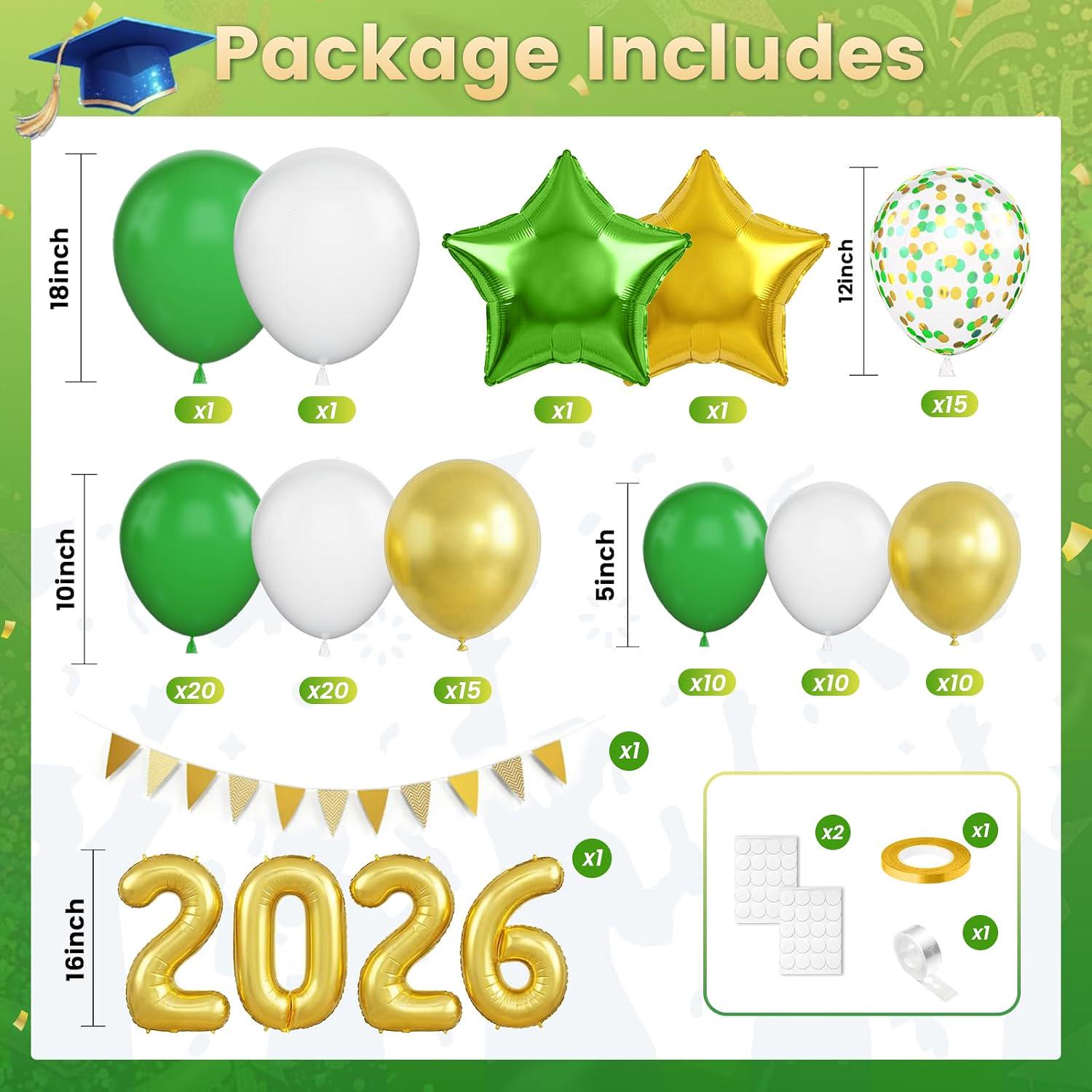 Green Gold Graduation Balloon Garland Kit, Class of 2026 Party Decoration