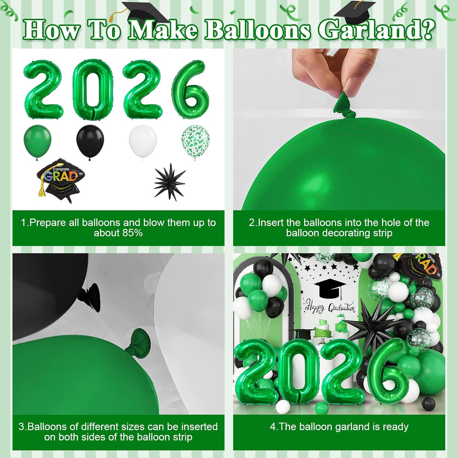 Graduation Balloon Garland Kit, Class of 2026 Green Black White Arch Party Decoration