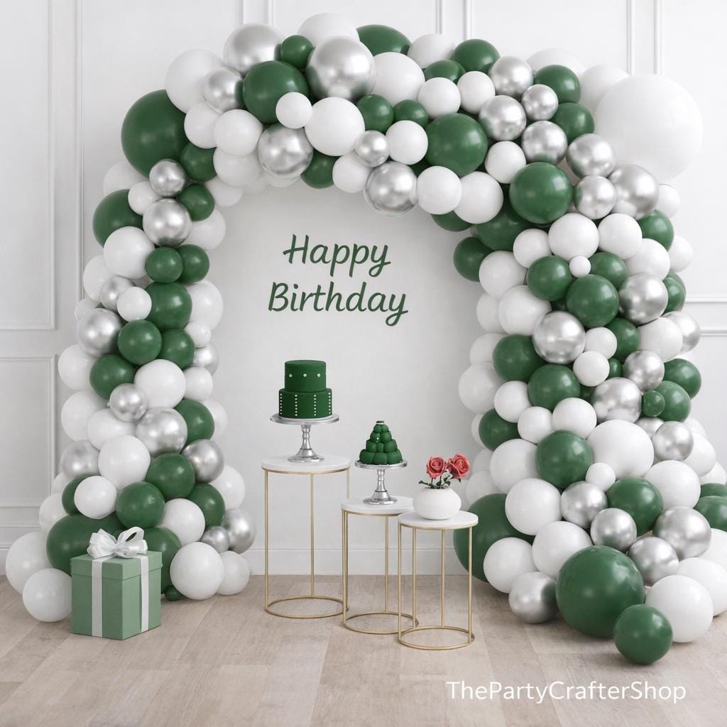 Dark Green White Silver Balloon Arch Kit, Jungle Birthday Garland Arch, Party Decor